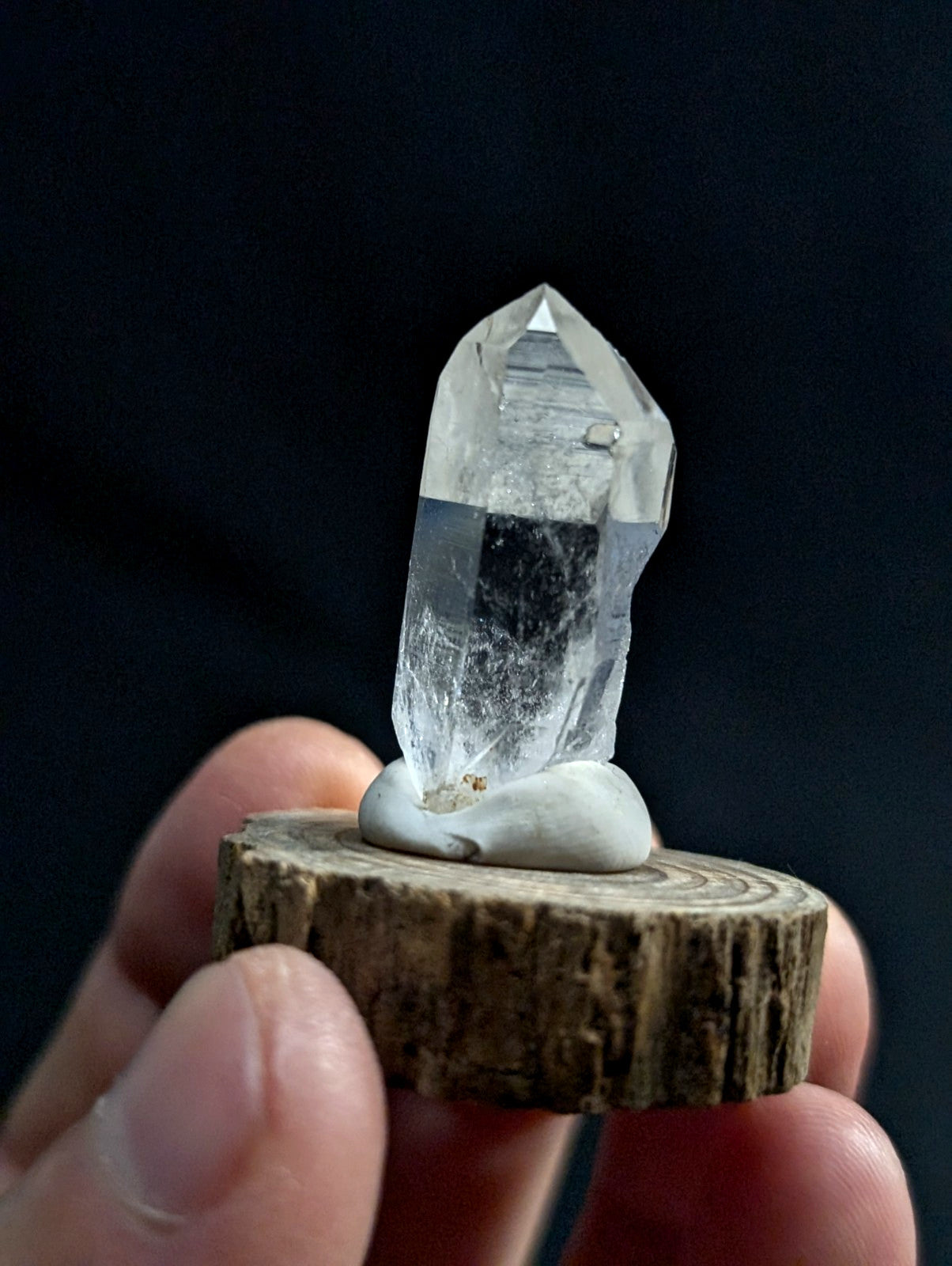 A clear, faceted quartz crystal with a smooth base rests on a rustic wooden slice.