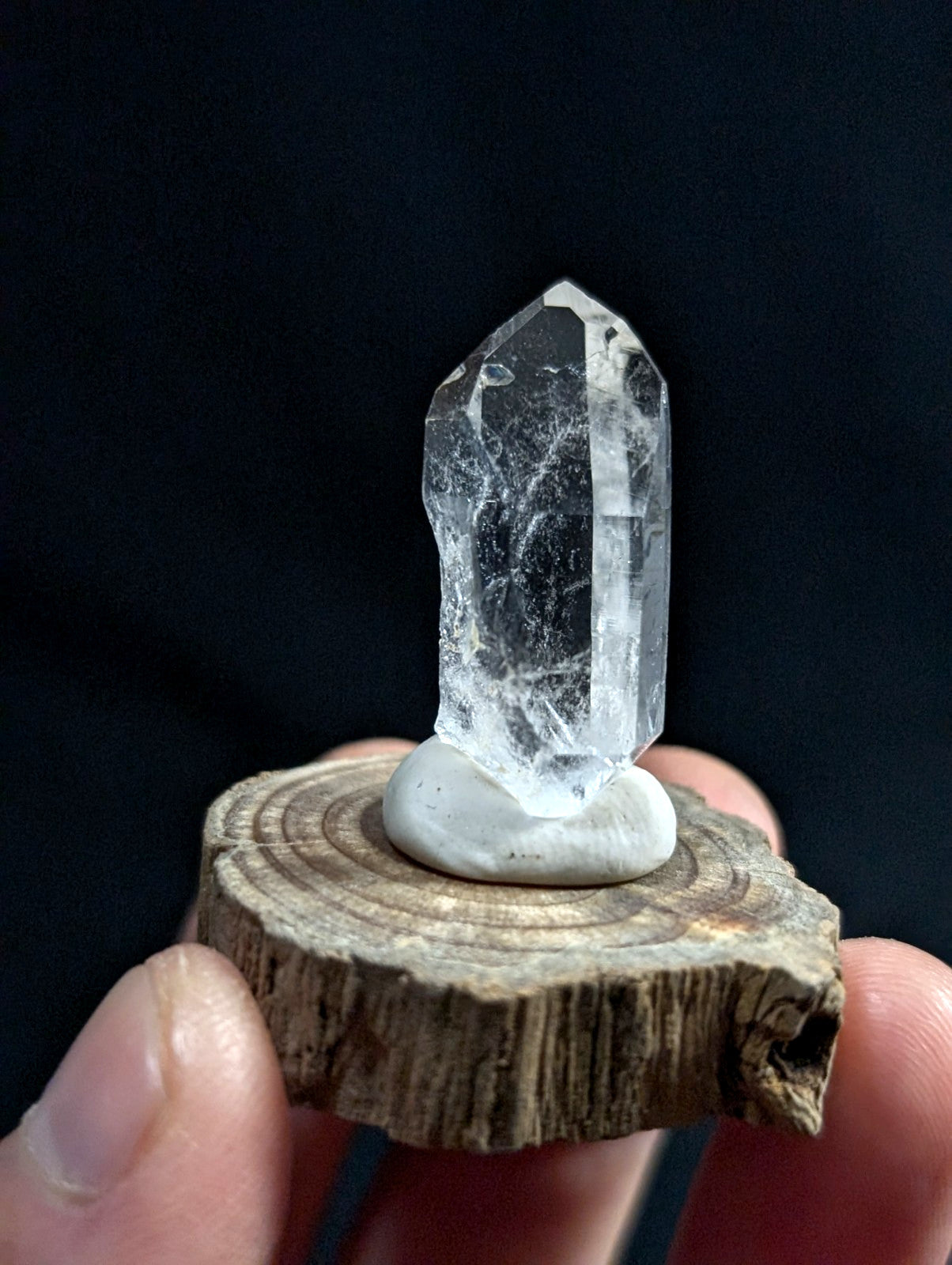 A clear, faceted quartz crystal with natural internal inclusions stands upright on a smooth white base mounted atop a rustic wooden slice.