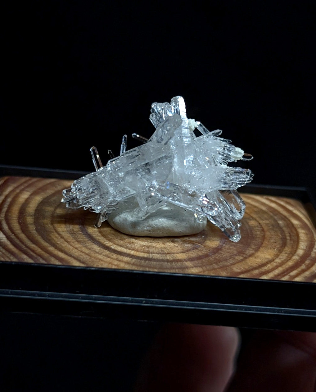 Clear quartz crystal cluster resting on a smooth, pale stone base.