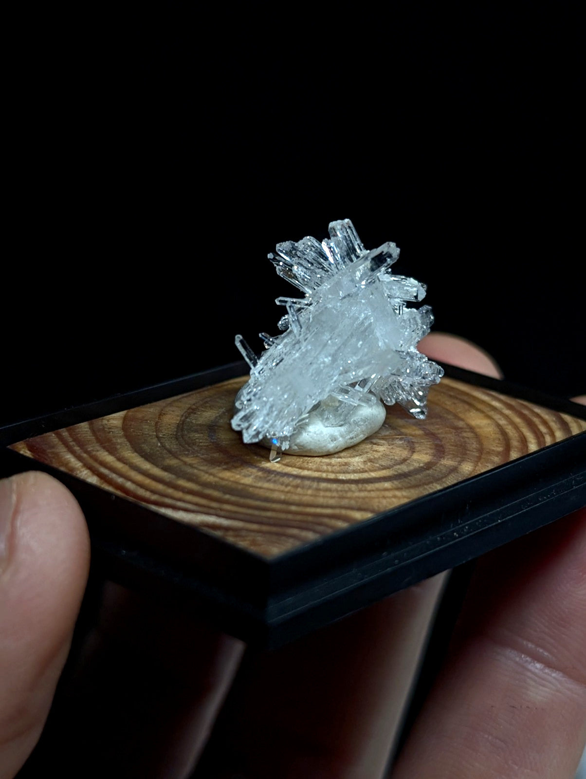 A translucent, crystalline mineral specimen with sharp, radiating facets rests on a polished wooden base.