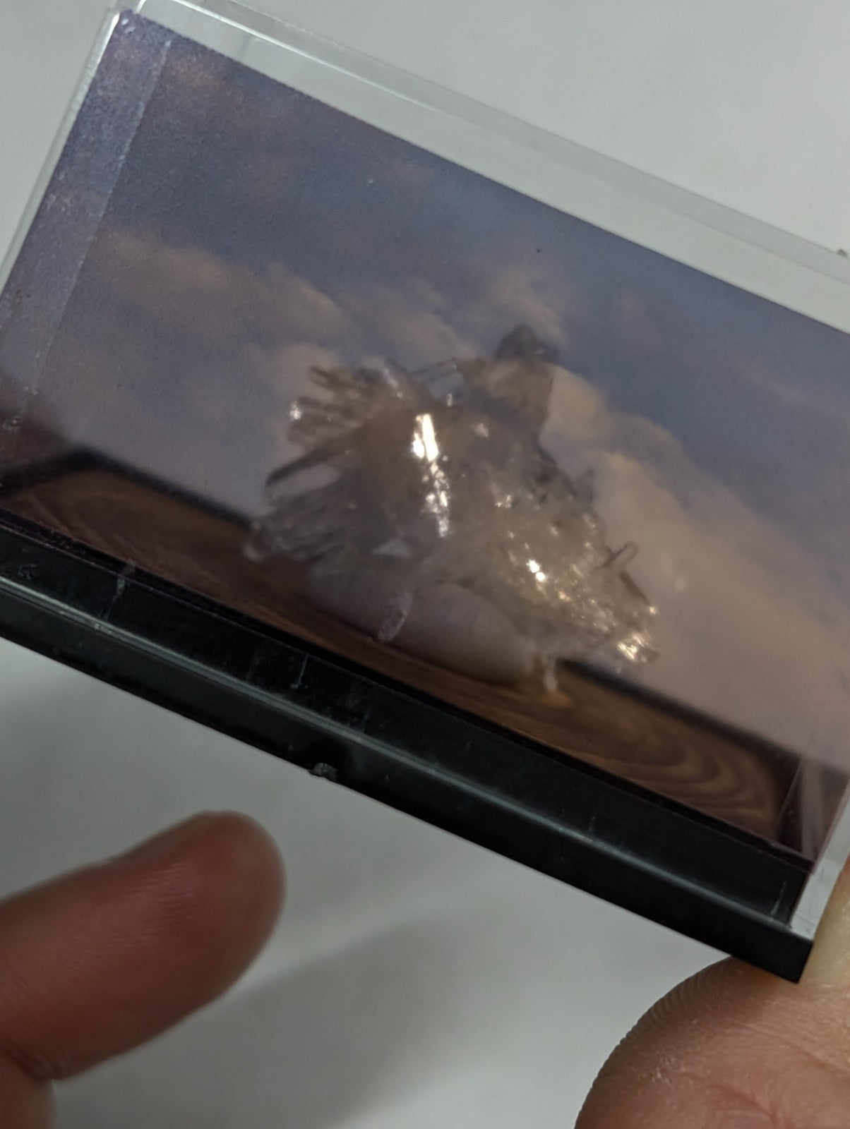 A clear, rectangular display case showcasing a translucent crystal cluster with intricate branching formations.