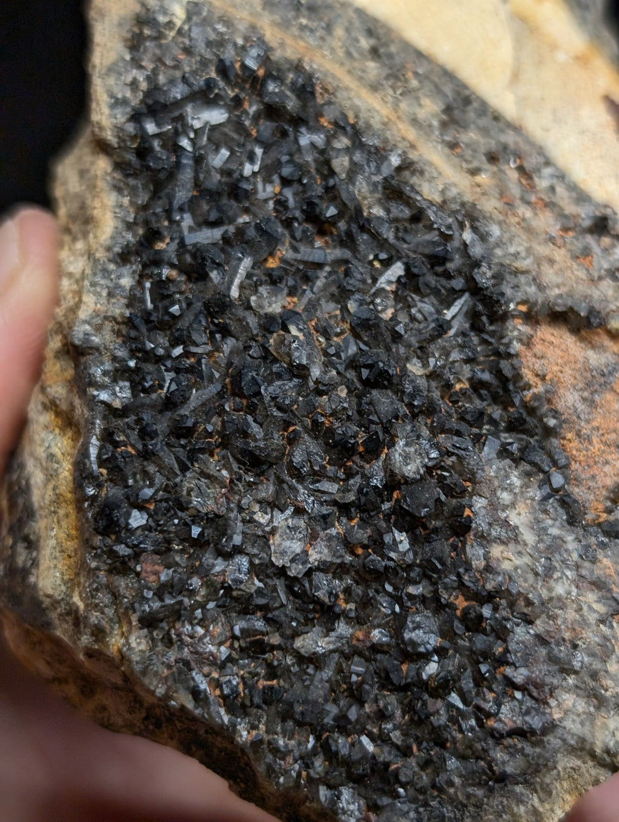 A dark, crystalline mineral specimen with sharp, angular facets embedded in a rough, speckled rock matrix.