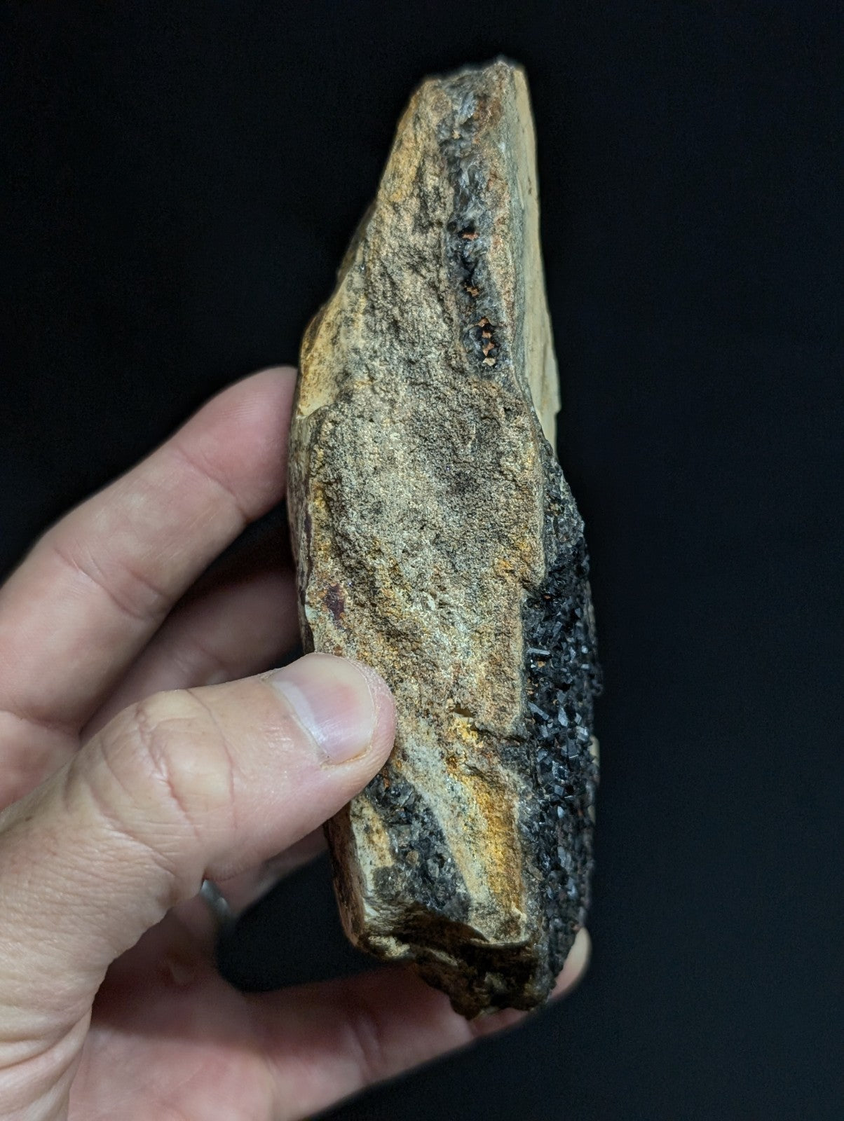 A rugged, irregularly shaped stone with a mottled surface of earthy browns and blacks.