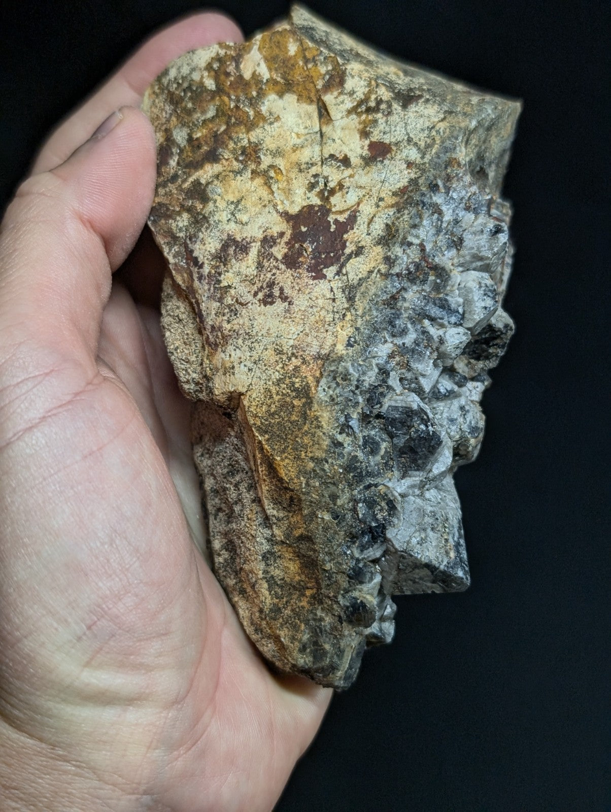 A rugged, irregularly shaped rock with a mottled surface of earthy browns, yellows, and grayish tones.