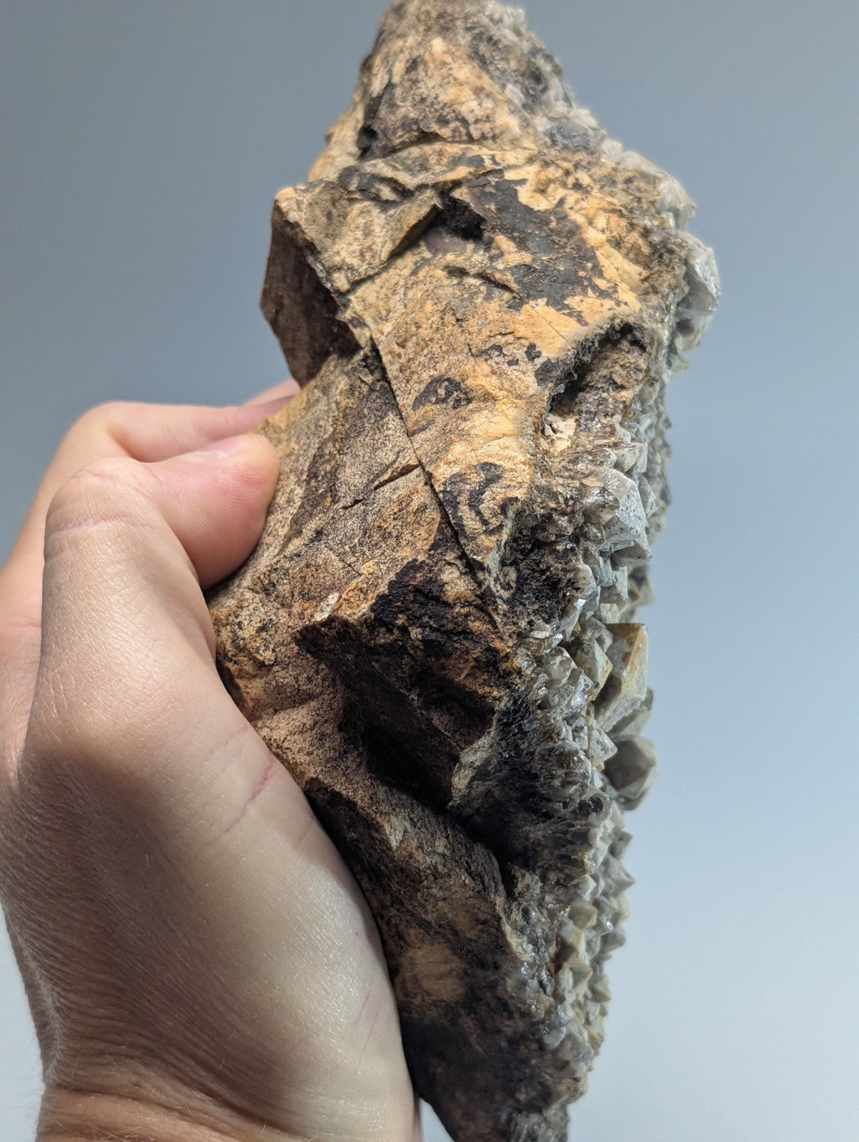 A rugged, irregularly shaped rock with a mottled surface of brown and gray tones.