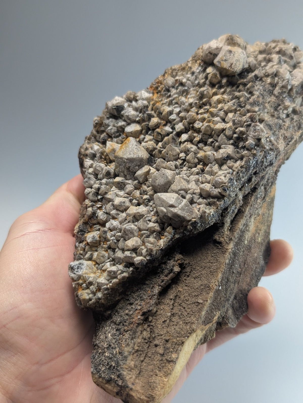 A rugged, grayish-brown mineral specimen featuring a dense cluster of small, angular crystals growing from a darker rock base.