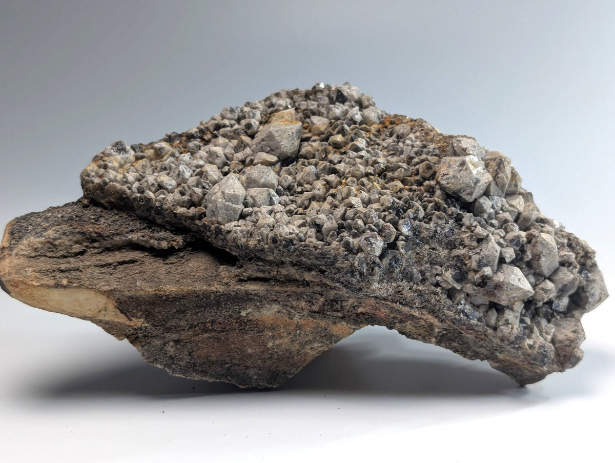 A rugged, grayish mineral specimen featuring a dense cluster of small, crystalline formations atop a darker, rough-textured base.