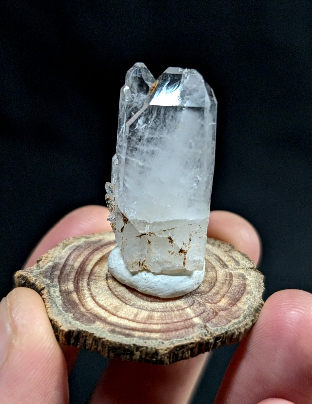 A clear quartz crystal with a faceted top and natural, rough-edged base rests on a circular wooden slice.