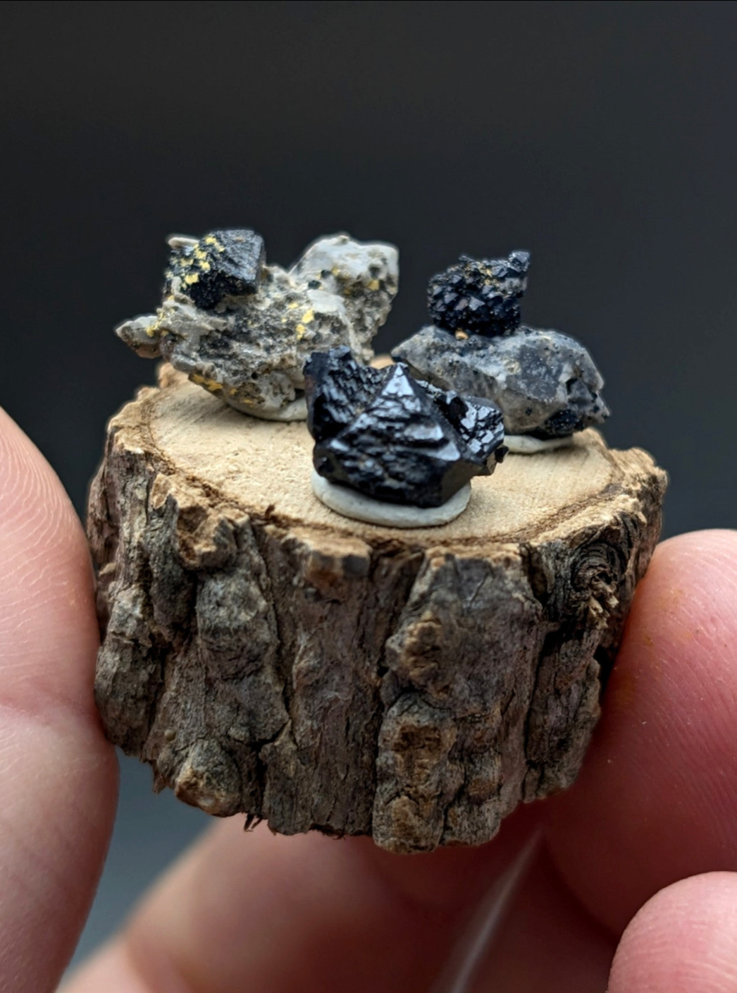 Custom listing for cathy featuring black and gray mineral specimens with metallic sheen on a rustic wooden slice