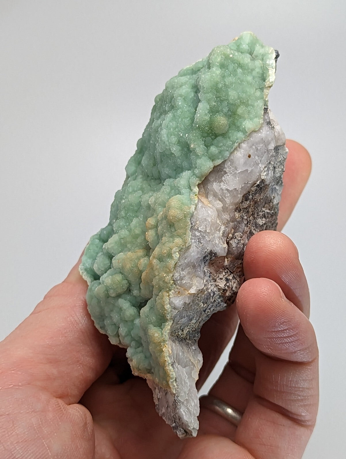 A hand holds a natural mineral specimen featuring vibrant light green, bumpy crystals growing over a rougher gray and white matrix.
