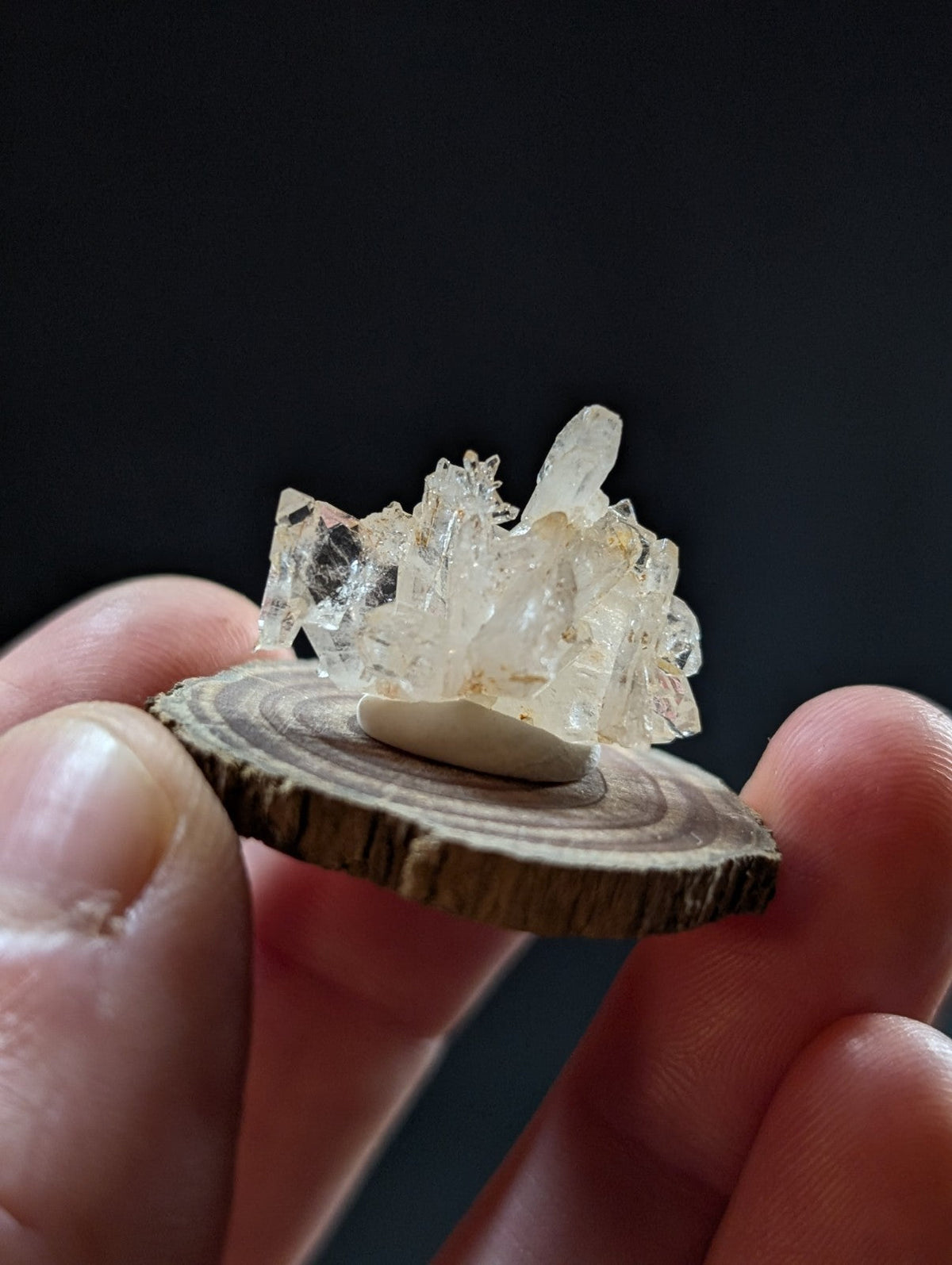 Faden quartz crystal cluster with pale yellow translucent facets on a rustic wooden base from Montgomery County Arkansas