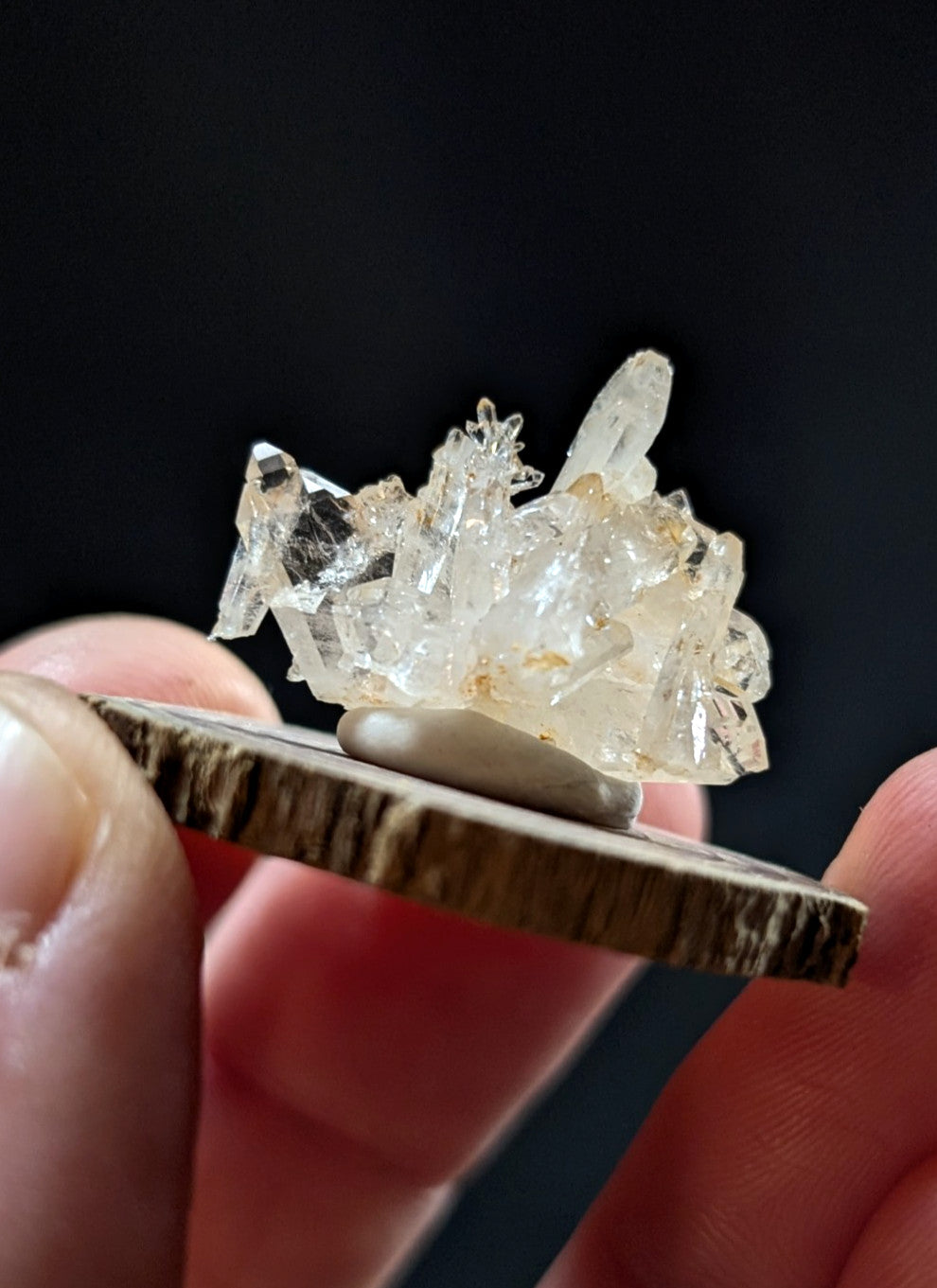 Faden quartz crystal cluster with delicate translucent formations and subtle golden inclusions on base from arkansas