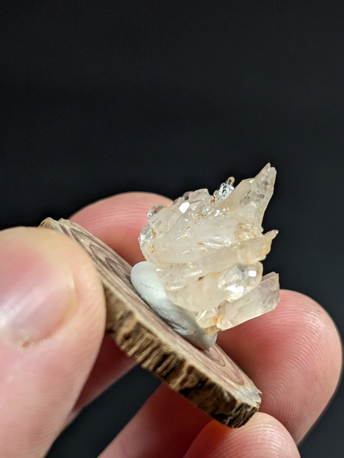 Faden quartz crystal cluster with pale yellow translucent facets on light blue stone base in rustic wooden slice from arkansas