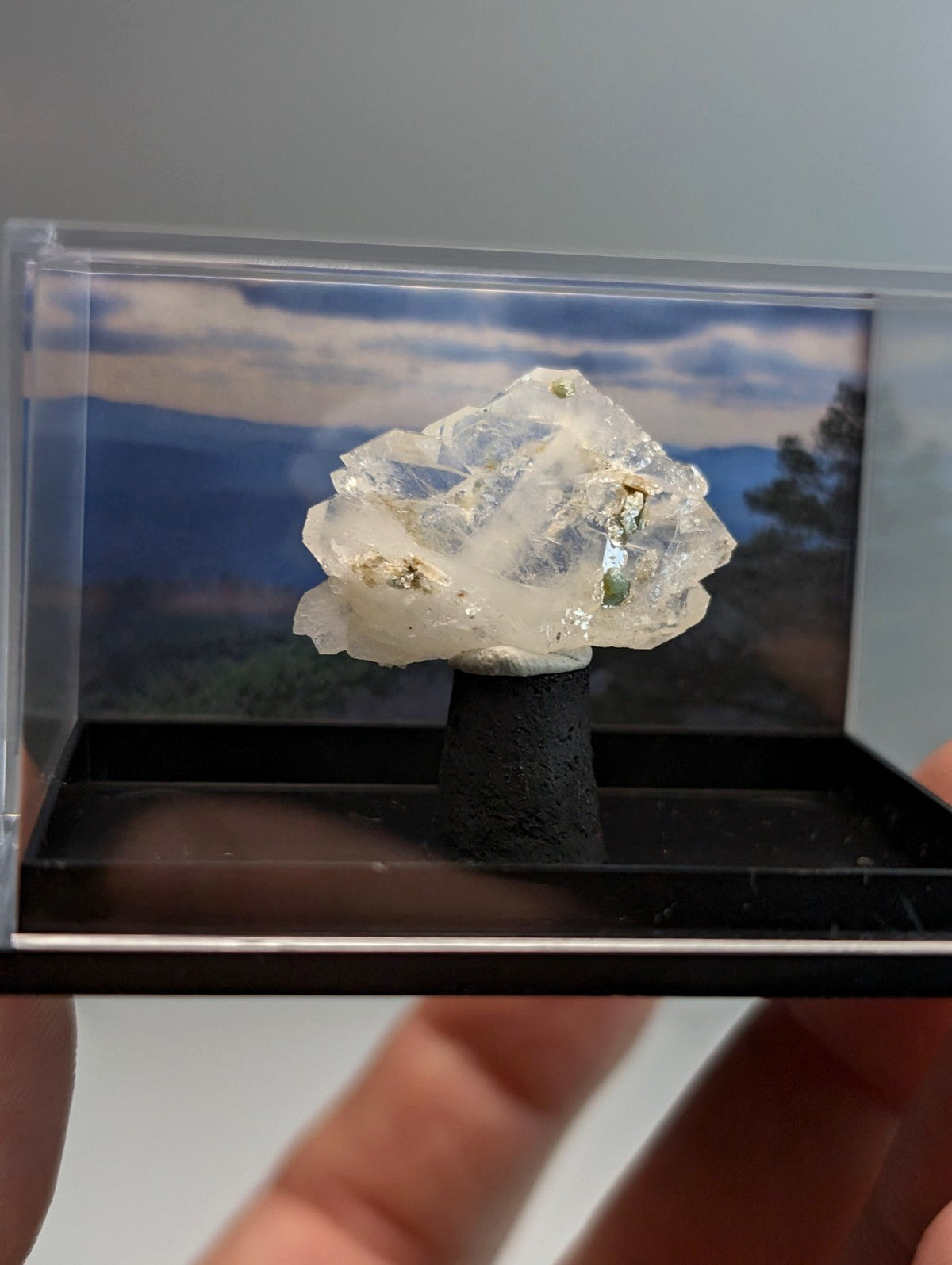 A translucent faden quartz crystal with embedded golden flecks and uv reactive blue-green cookeite in clear case