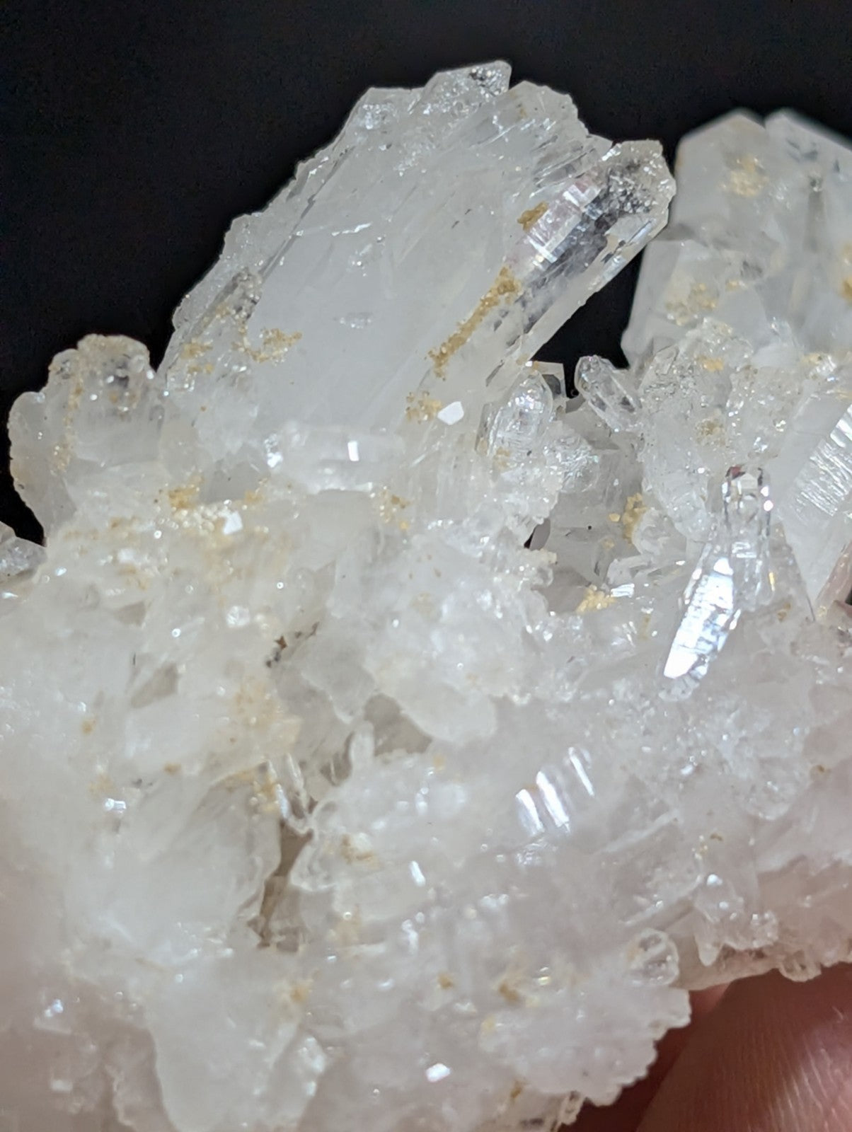 A cluster of translucent white quartz crystals with delicate, interlocking facets and subtle golden inclusions.