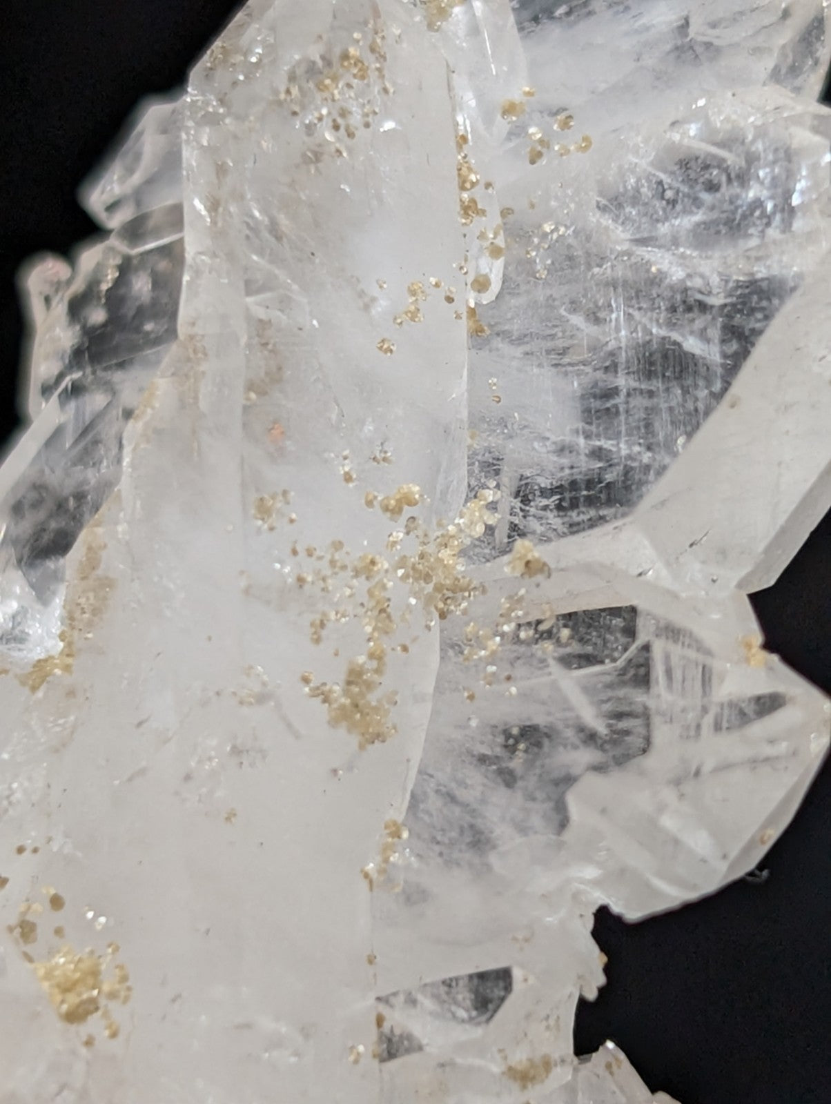 A translucent quartz crystal cluster with golden inclusions.