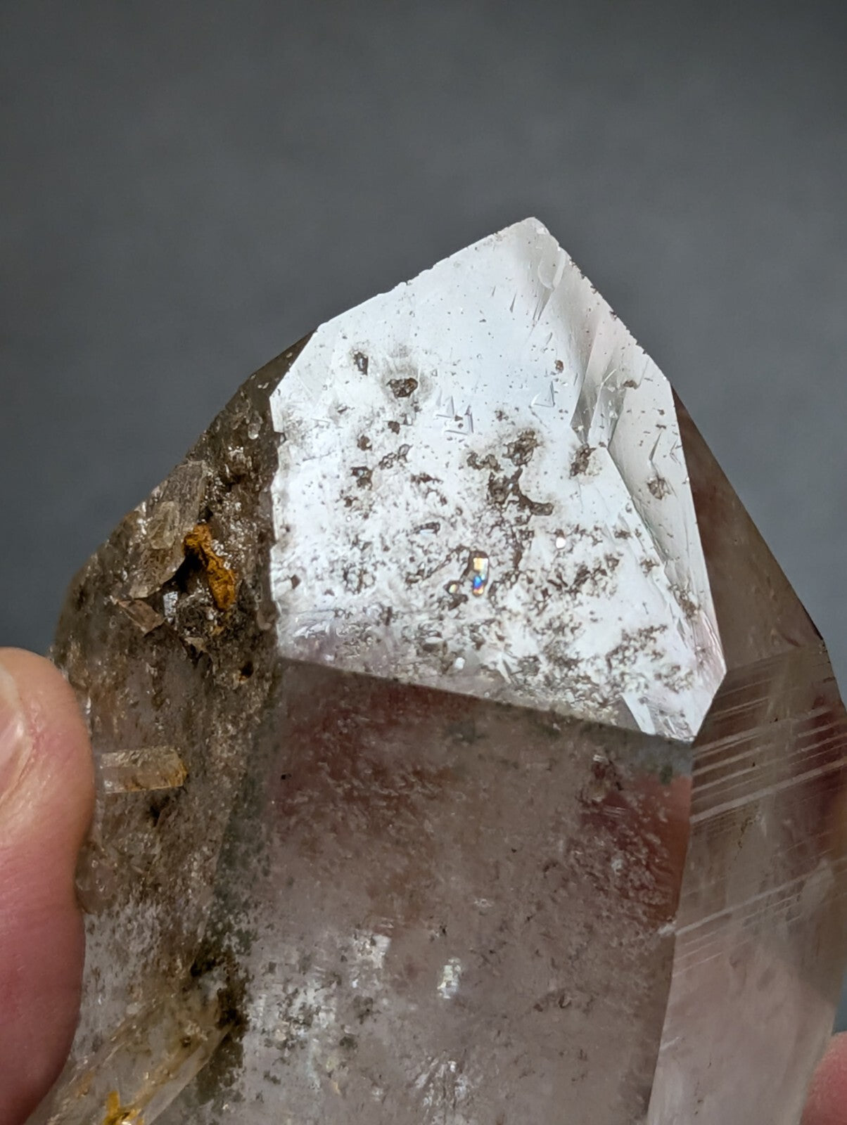 A translucent, faceted quartz crystal with a clear to smoky hue and embedded mineral inclusions.
