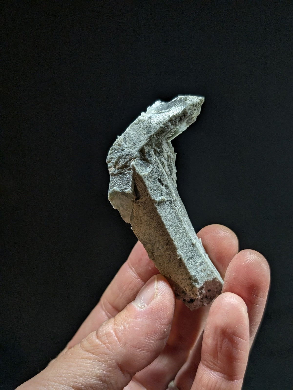 A weathered, grayish-green fossilized bone fragment with a rough, textured surface and irregular edges.