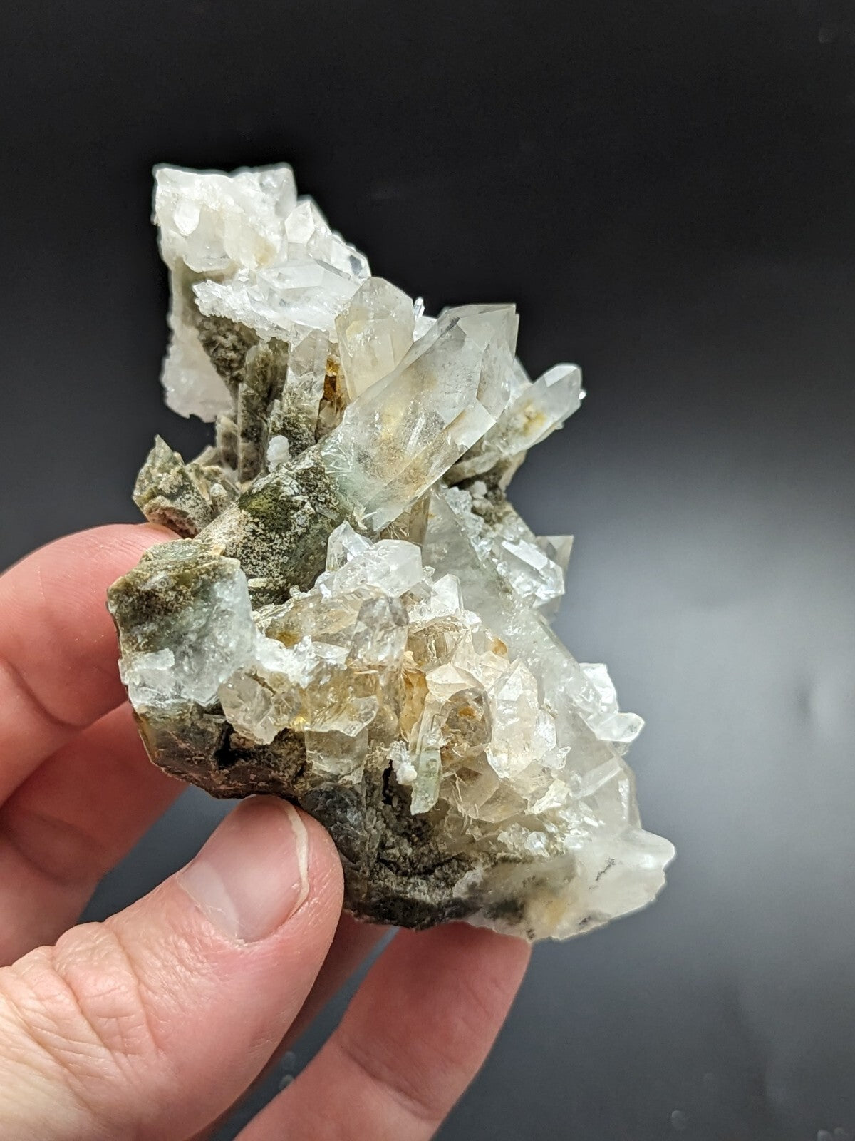 A translucent quartz crystal cluster with clear, faceted points emerging from a dark greenish-gray matrix.