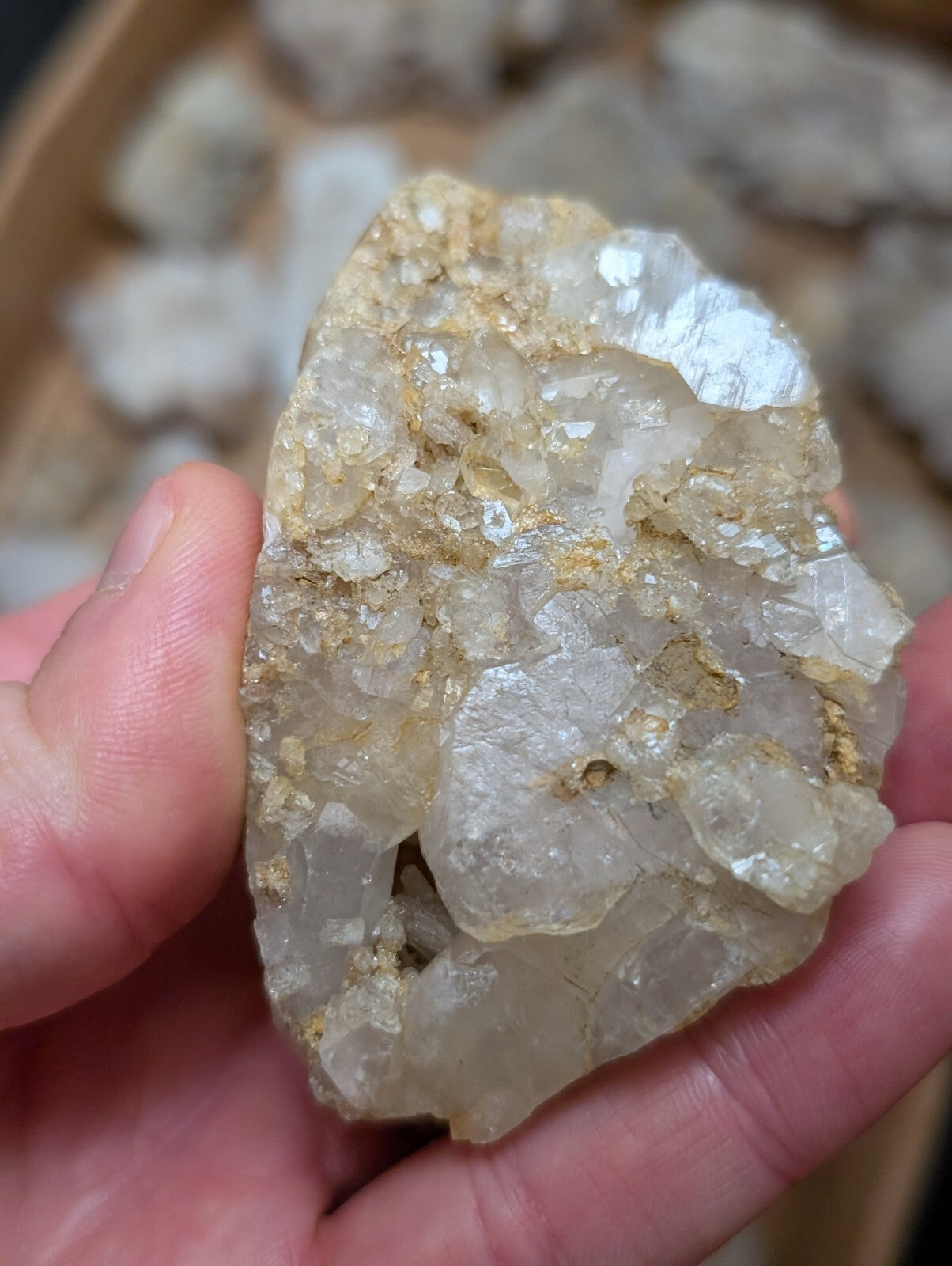 A translucent, pale quartz crystal cluster with golden mineral inclusions.