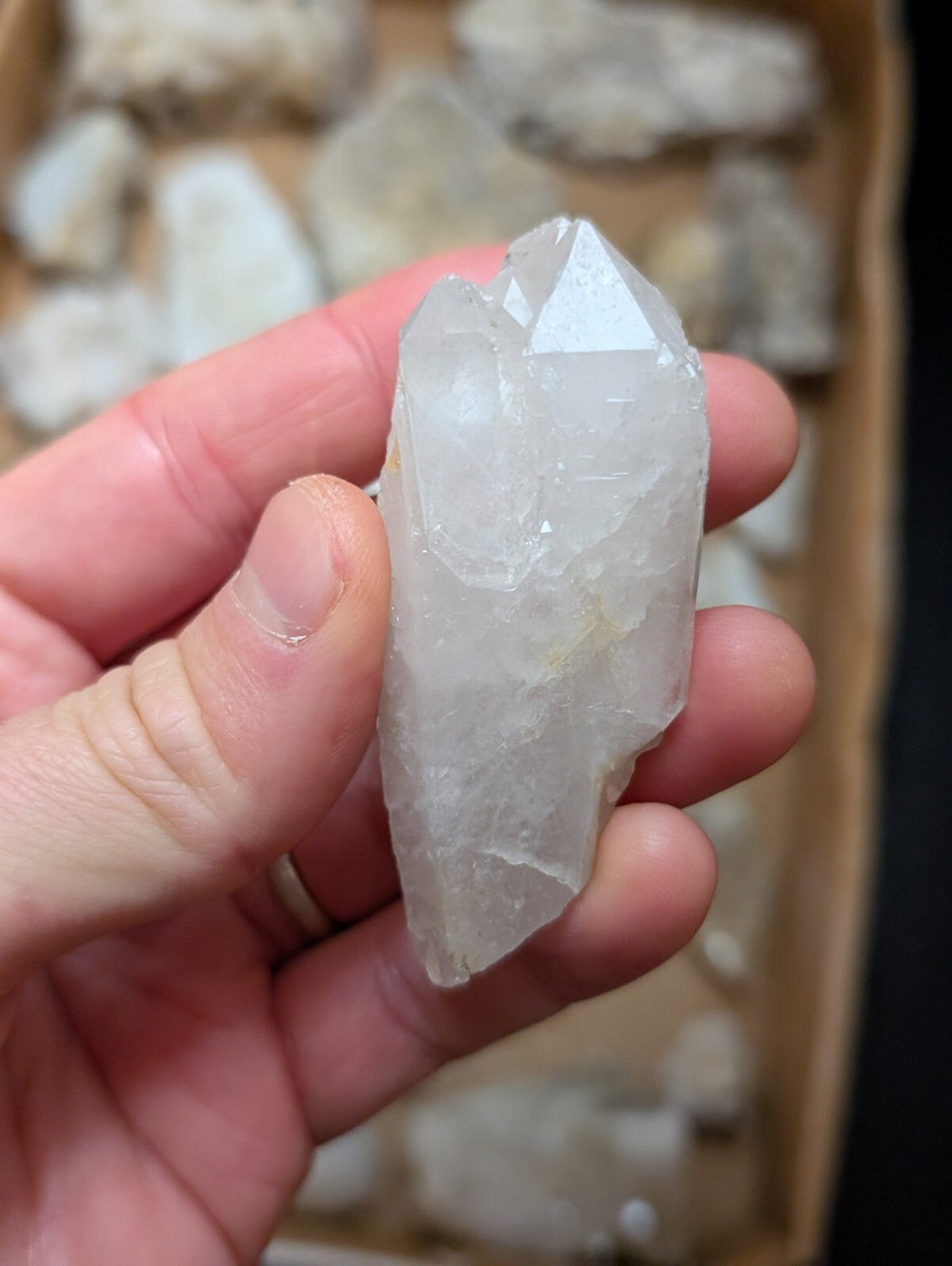 A translucent white quartz crystal with a pointed, faceted top and rougher lower surface.