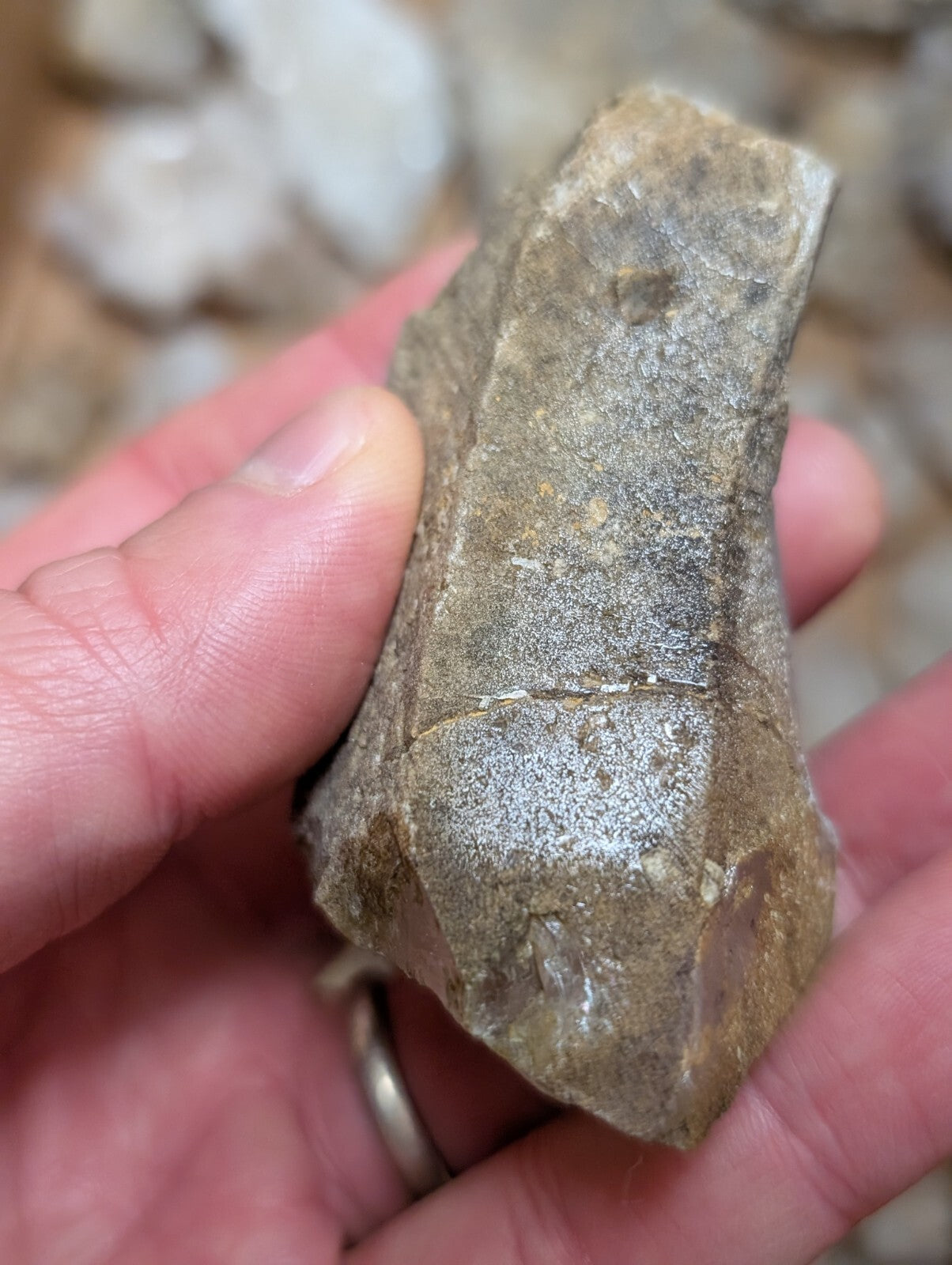A rough, irregularly shaped stone with a grayish-brown hue and visible mineral veins.