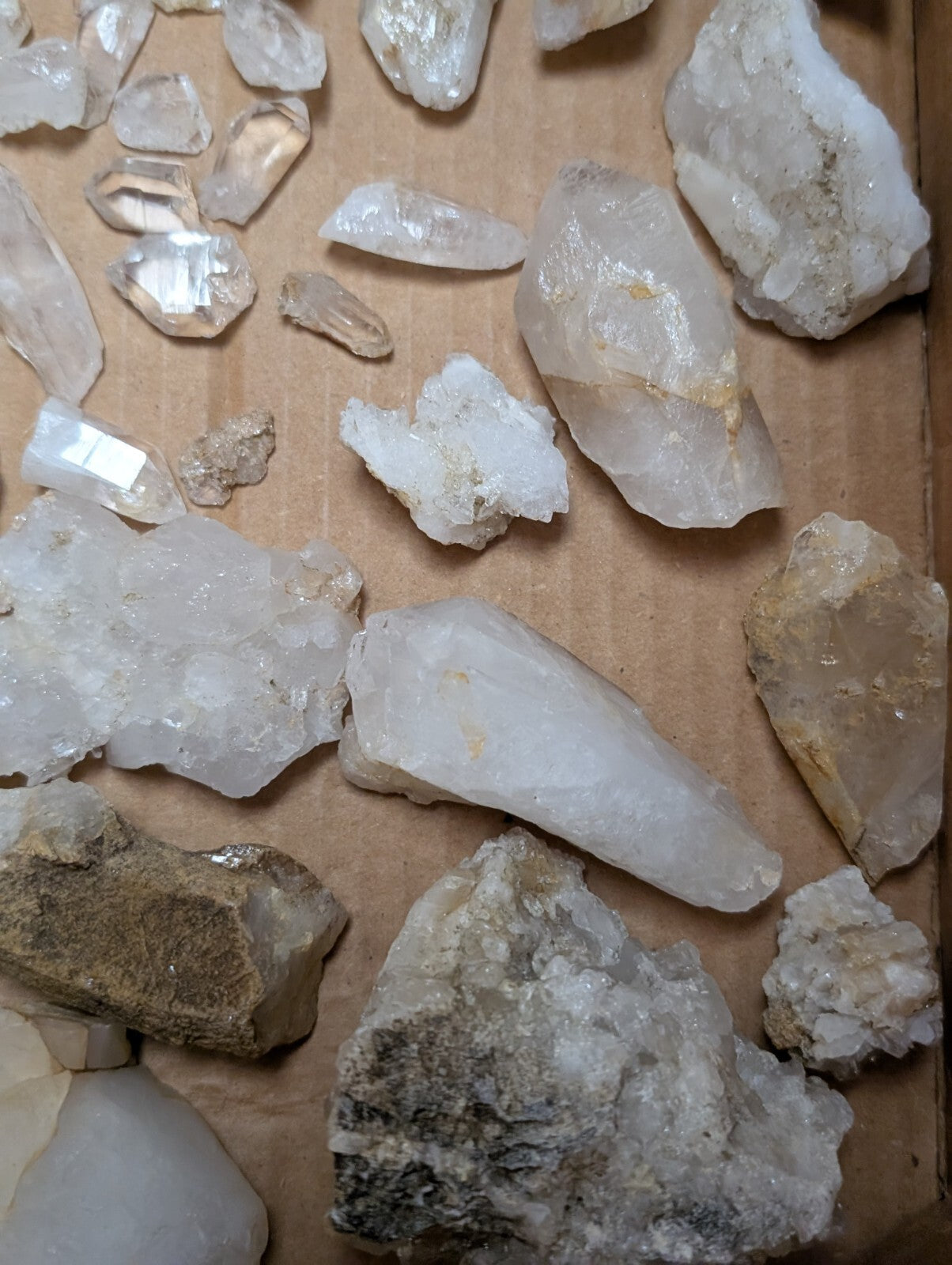 A collection of translucent white quartz crystals with varying sizes and natural, jagged edges.