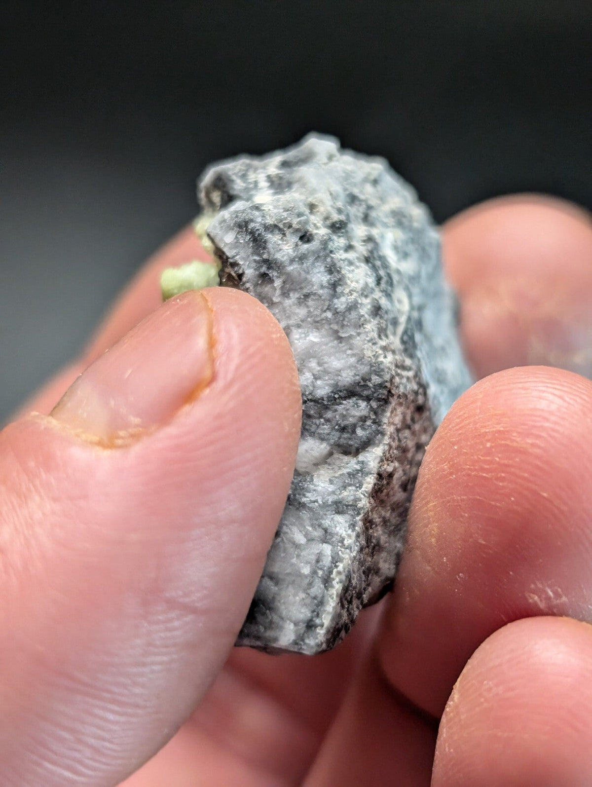 A rough, irregularly shaped gray rock with speckled black and white mineral veins.