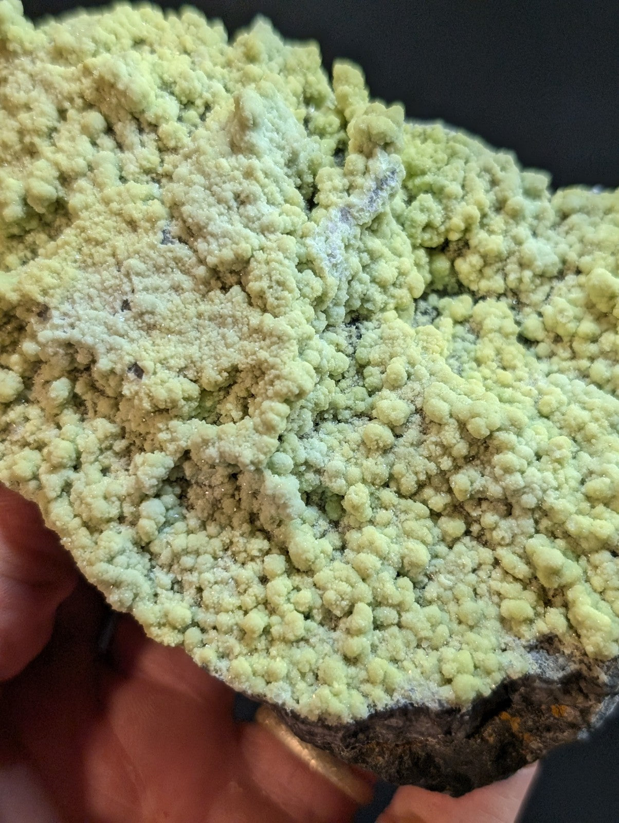 A hand holds a rough, irregularly shaped mineral specimen featuring dense clusters of pale green, rounded crystals with some areas showing lighter and darker tones.