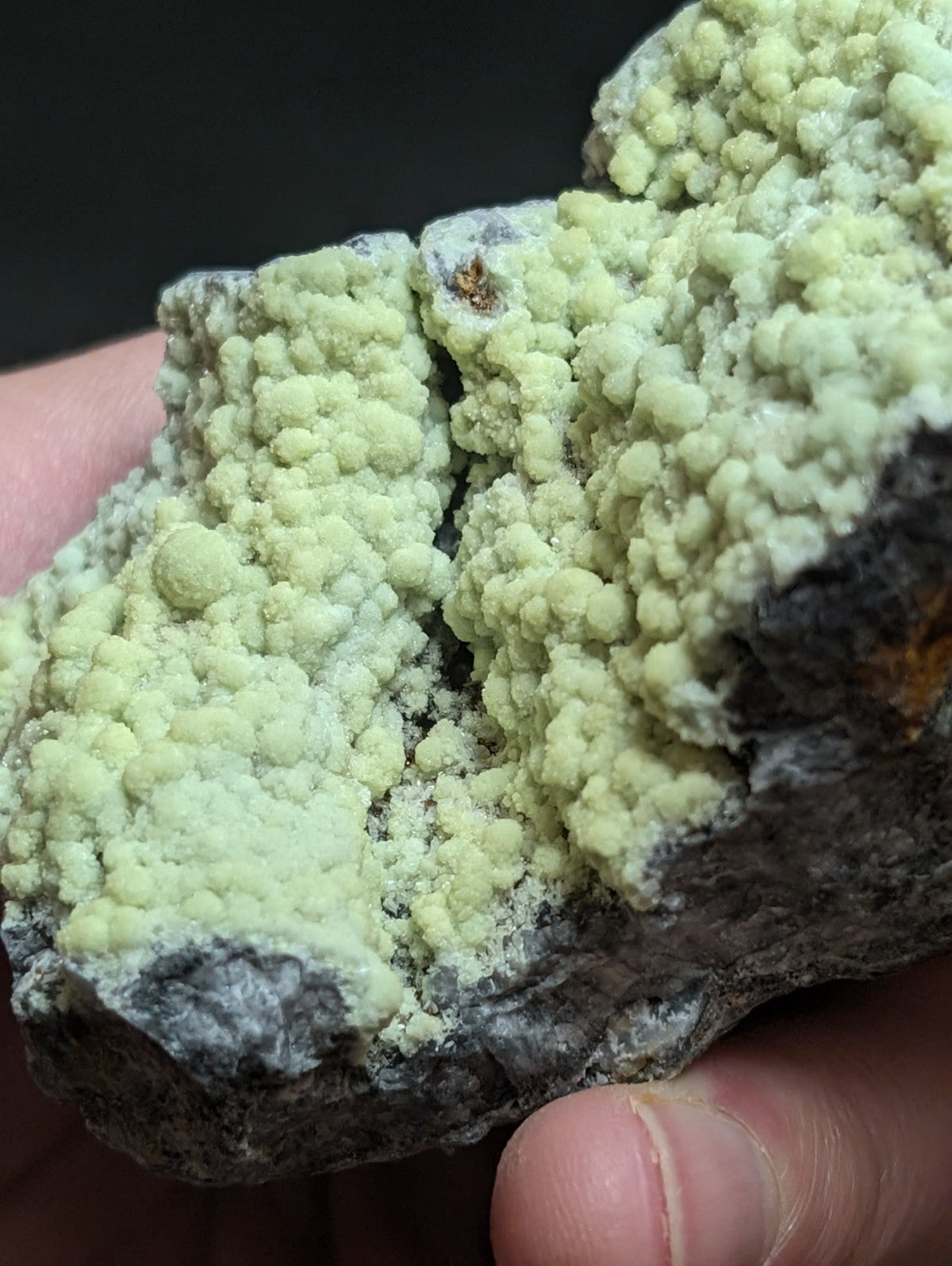 A pale green, textured mineral specimen with a rough, rocky base.