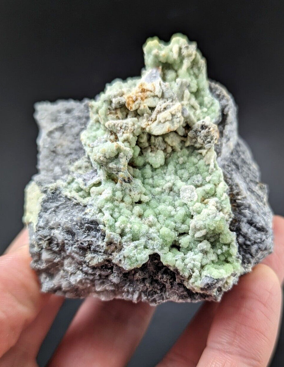 A textured, light green mineral formation with a rough, crystalline surface growing atop a darker gray rock base.