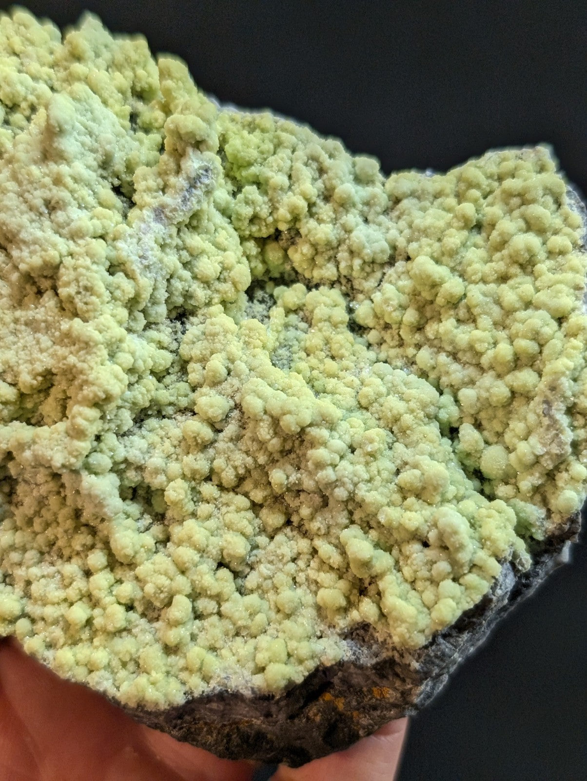 A vibrant, lime-green mineral specimen with a textured surface of rounded, clustered crystals growing over a dark, rough base.