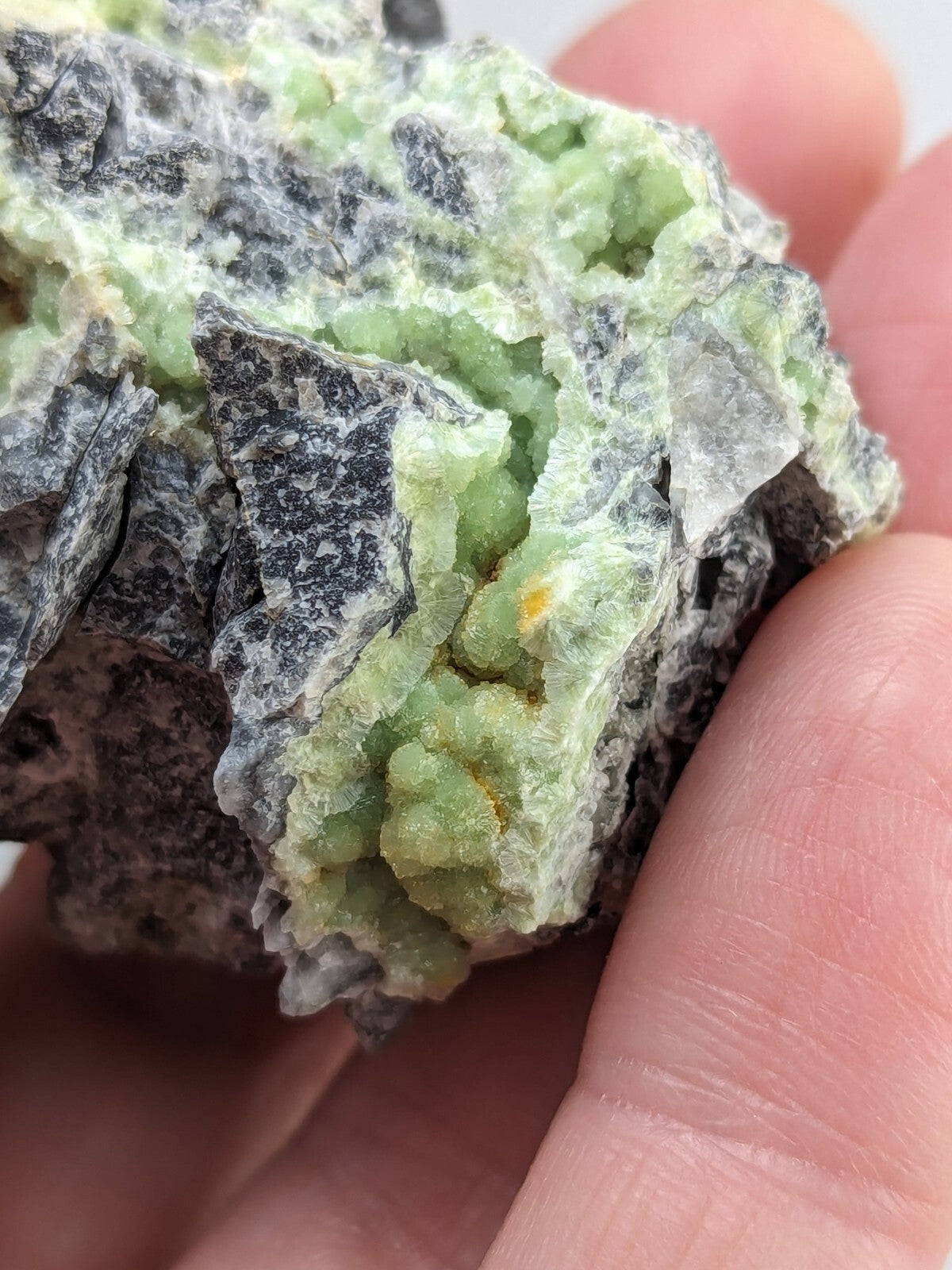 A hand holds a rough, irregularly shaped mineral specimen featuring vibrant green crystalline formations growing from a dark gray matrix.