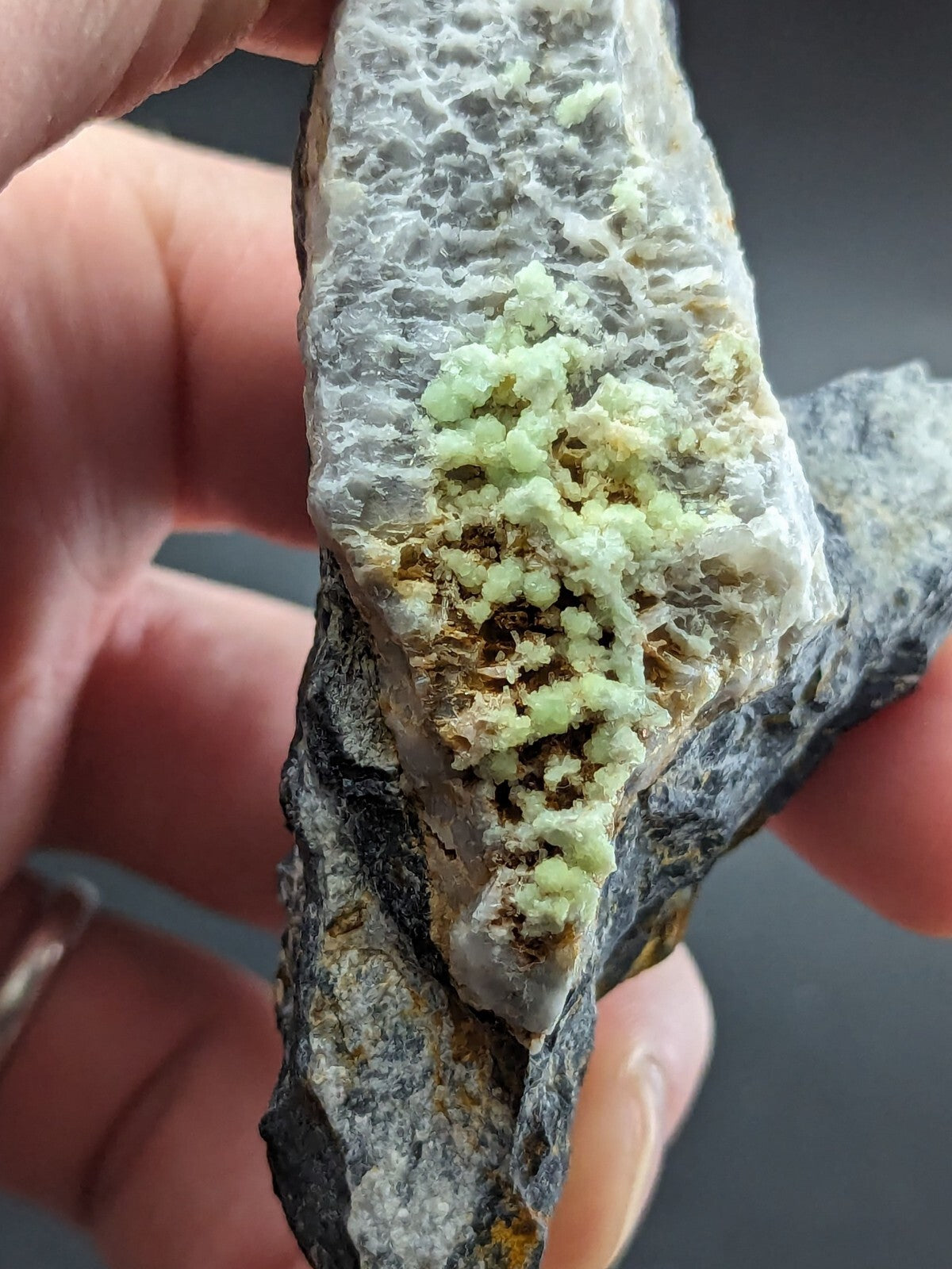 A hand holds a geological specimen featuring a gray, textured rock matrix with clusters of pale green crystalline formations.