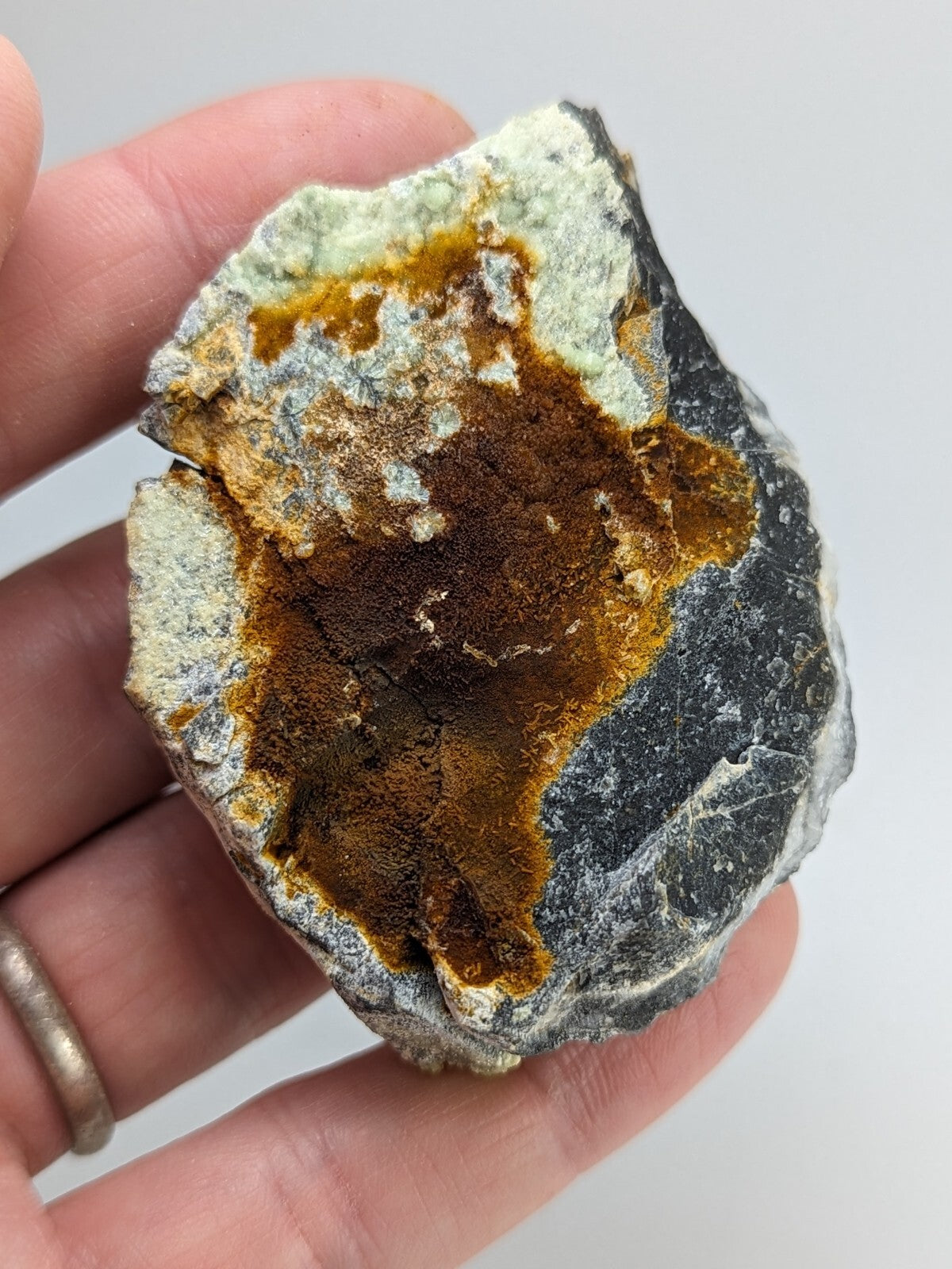A hand holds a rough, irregularly shaped mineral specimen featuring patches of dark gray rock with vibrant orange and light greenish-yellow crusts.