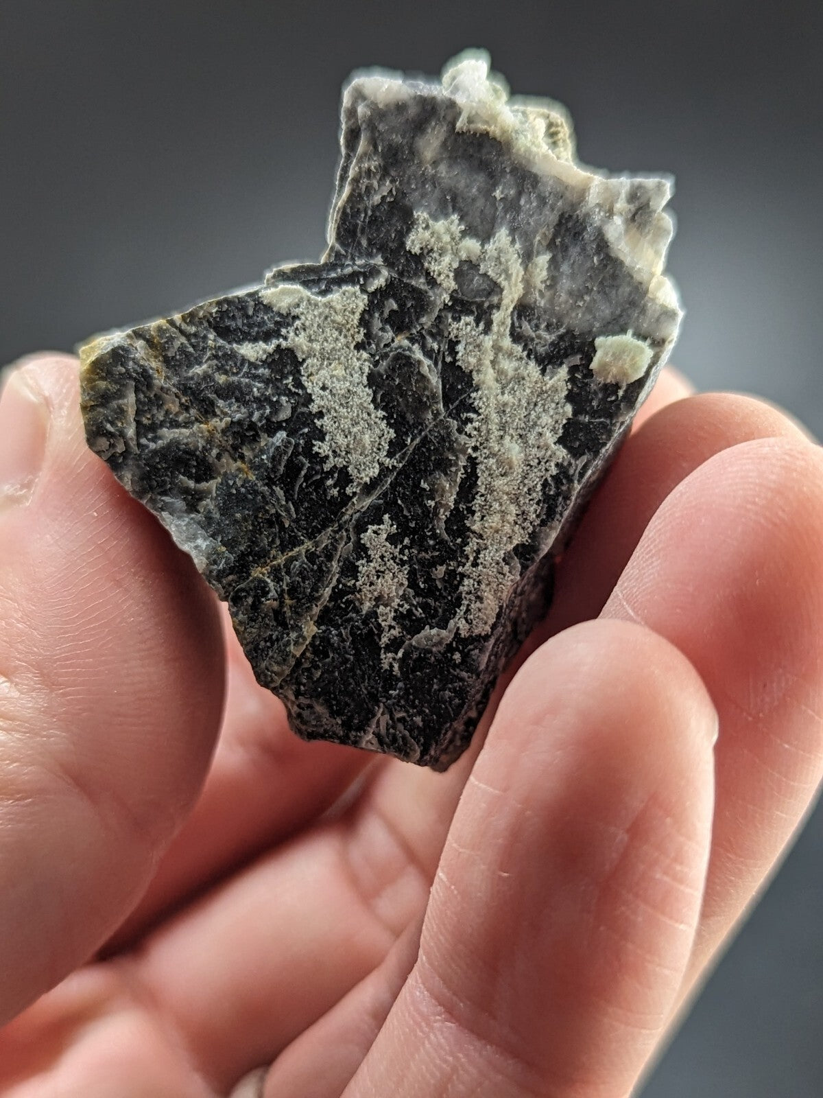 A rugged, irregularly shaped piece of dark green and black mineral with lighter grayish-white veining.