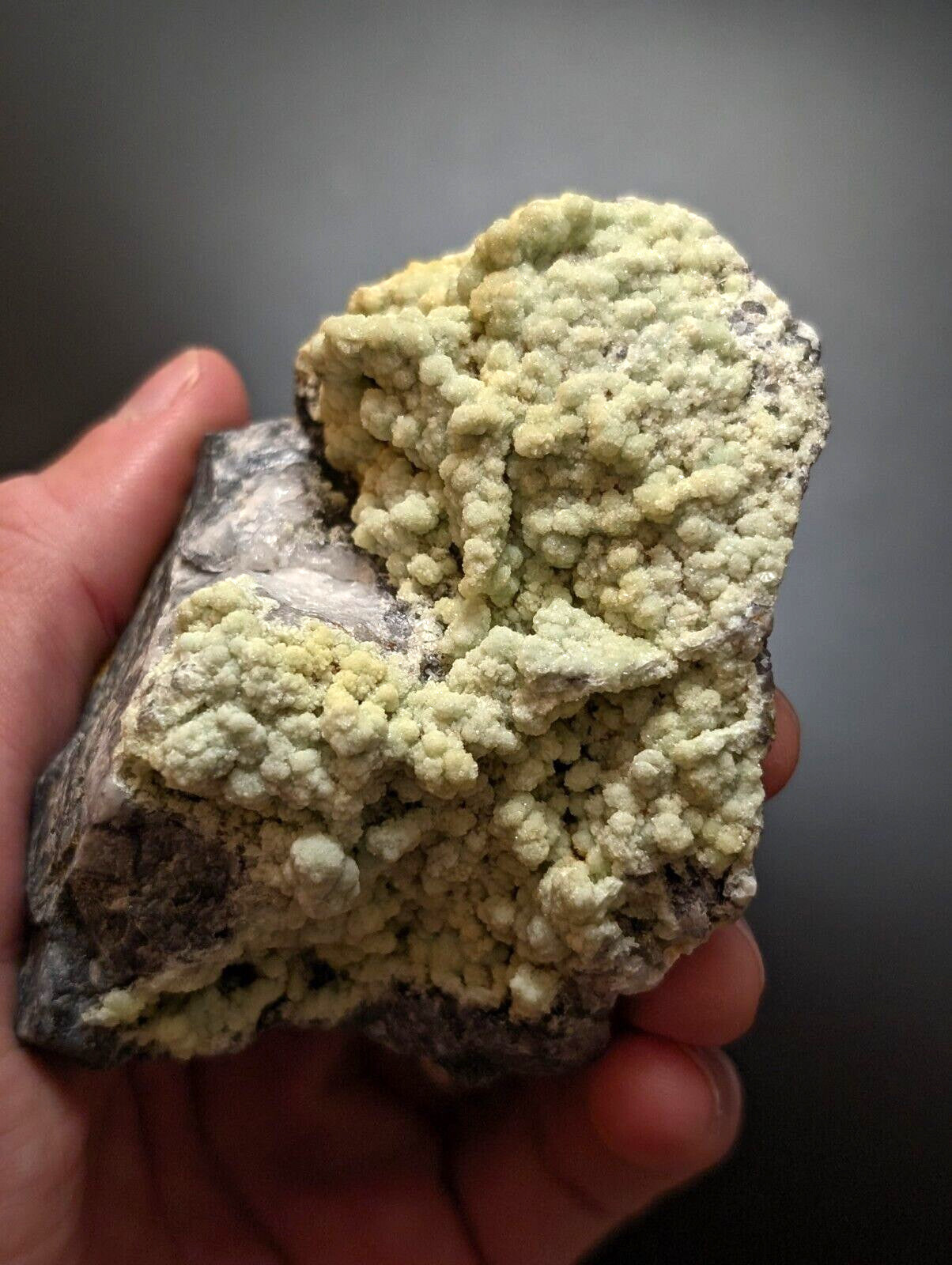 A hand holds a rough, irregularly shaped mineral specimen featuring dense clusters of pale yellow-green crystals growing over a darker gray rock base.