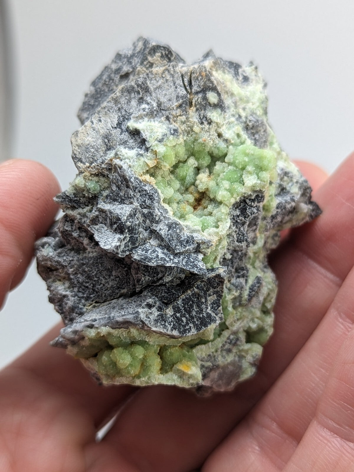 A hand holds a rough, irregularly shaped mineral specimen featuring vibrant green crystalline formations embedded in a dark gray matrix.
