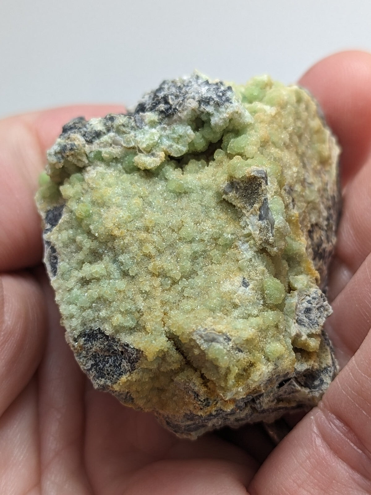 A hand holds a rough, irregularly shaped mineral specimen featuring vibrant green crystalline formations interspersed with patches of dark gray and yellowish matrix.