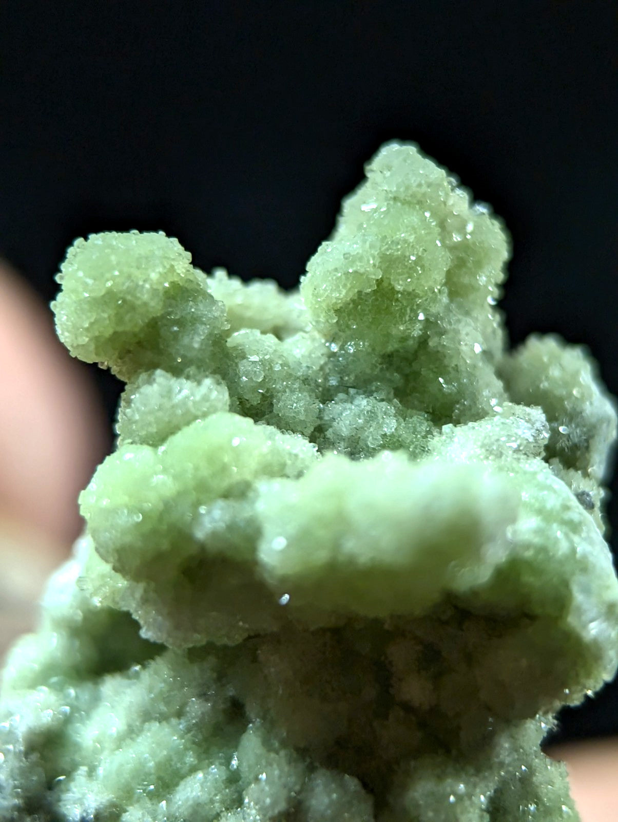 A vibrant green, crystalline mineral specimen with a textured, branching structure.