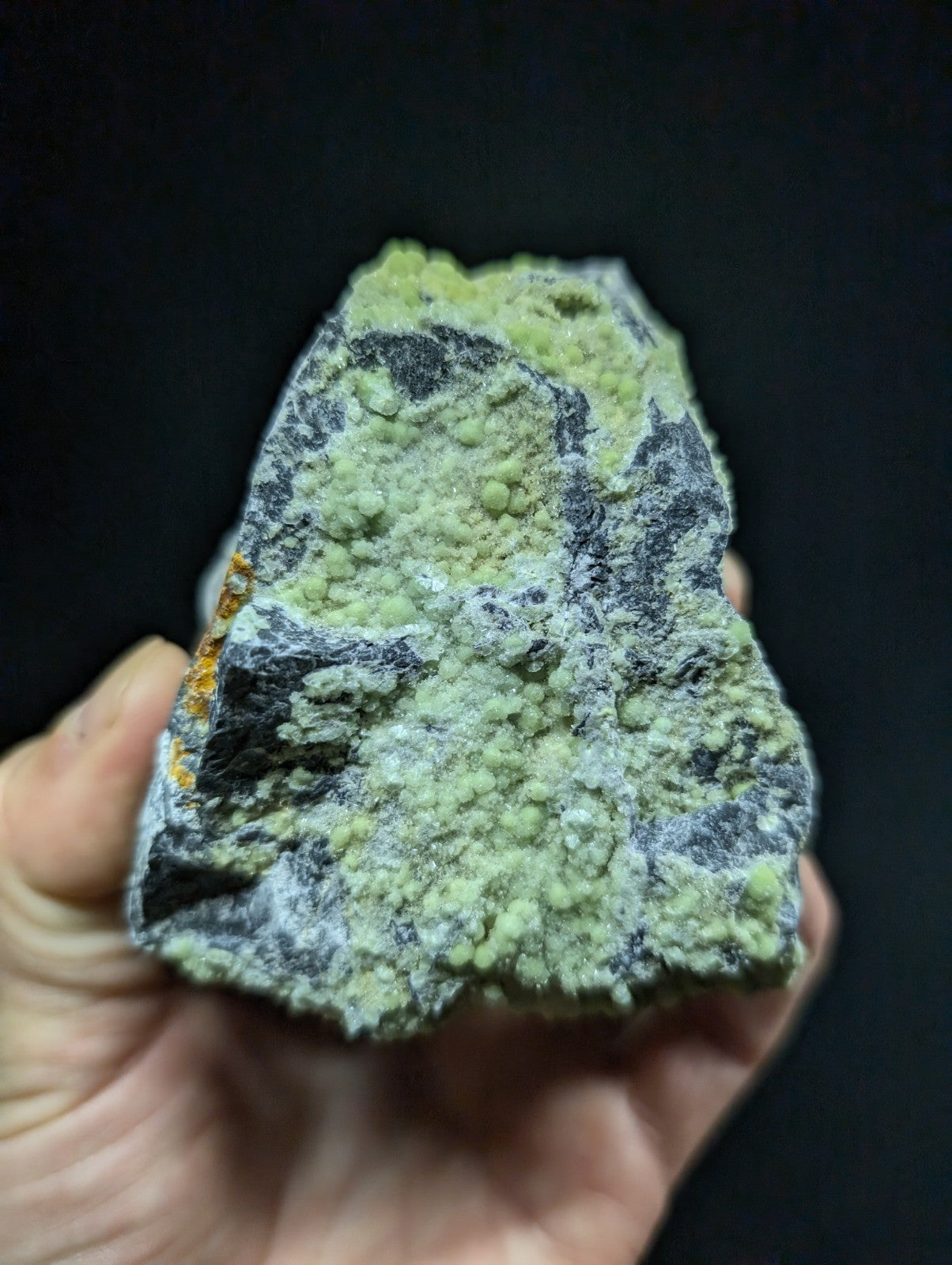 A hand holds a rough, irregularly shaped mineral specimen featuring clusters of pale green crystals embedded in dark gray matrix material.