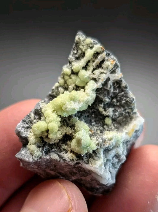 A hand holds a dark gray rock specimen featuring clusters of pale green, crystalline formations.
