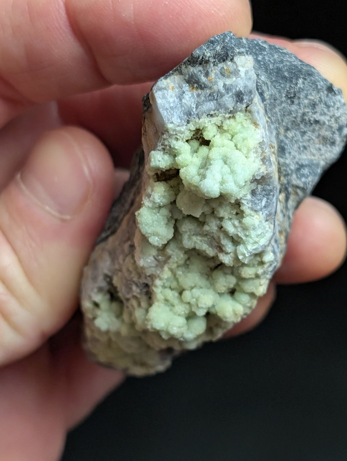 A hand holds a rough, dark gray rock specimen featuring prominent light green crystalline formations.