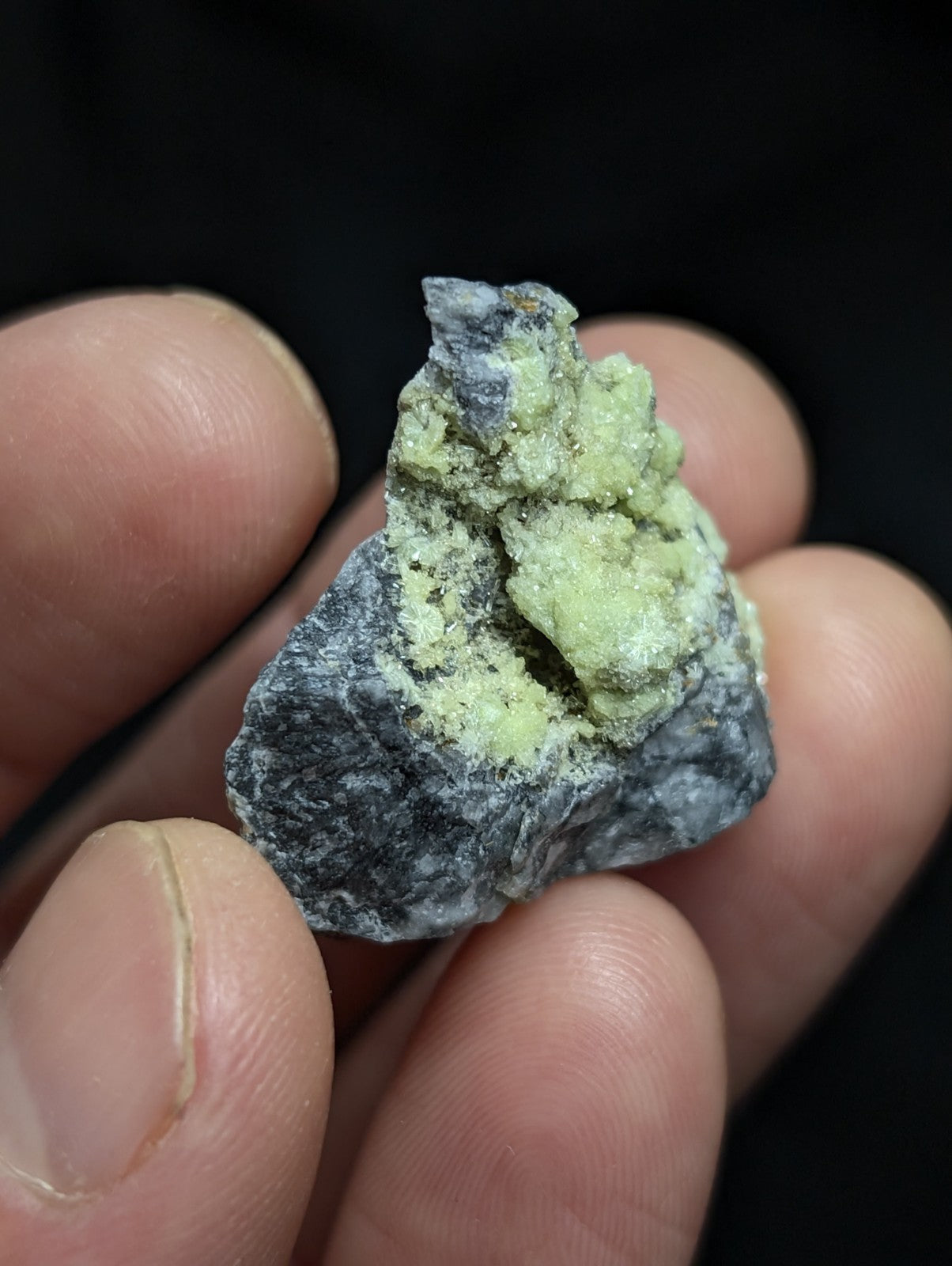 A hand holds a small, irregularly shaped mineral specimen featuring a dark gray rock base with vibrant light green crystalline formations growing from its surface.