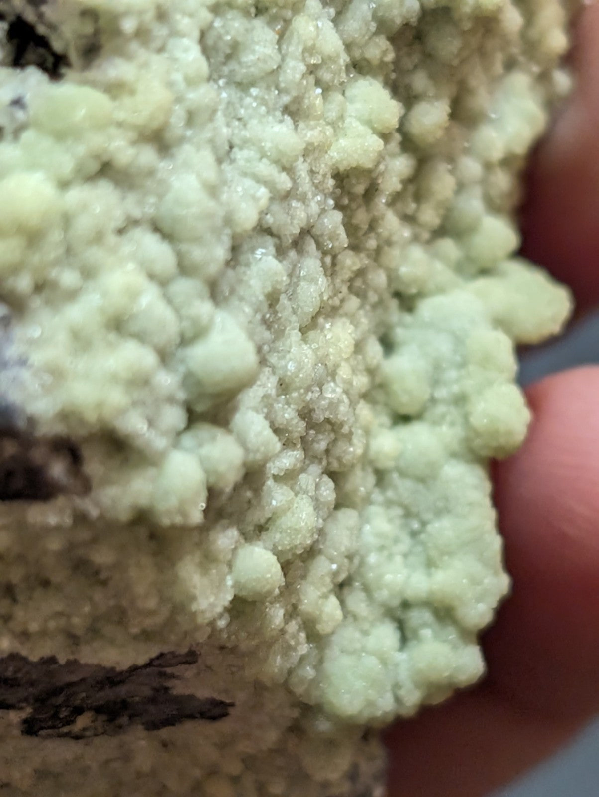 A pale green, crystalline mineral specimen with a textured, bumpy surface.
