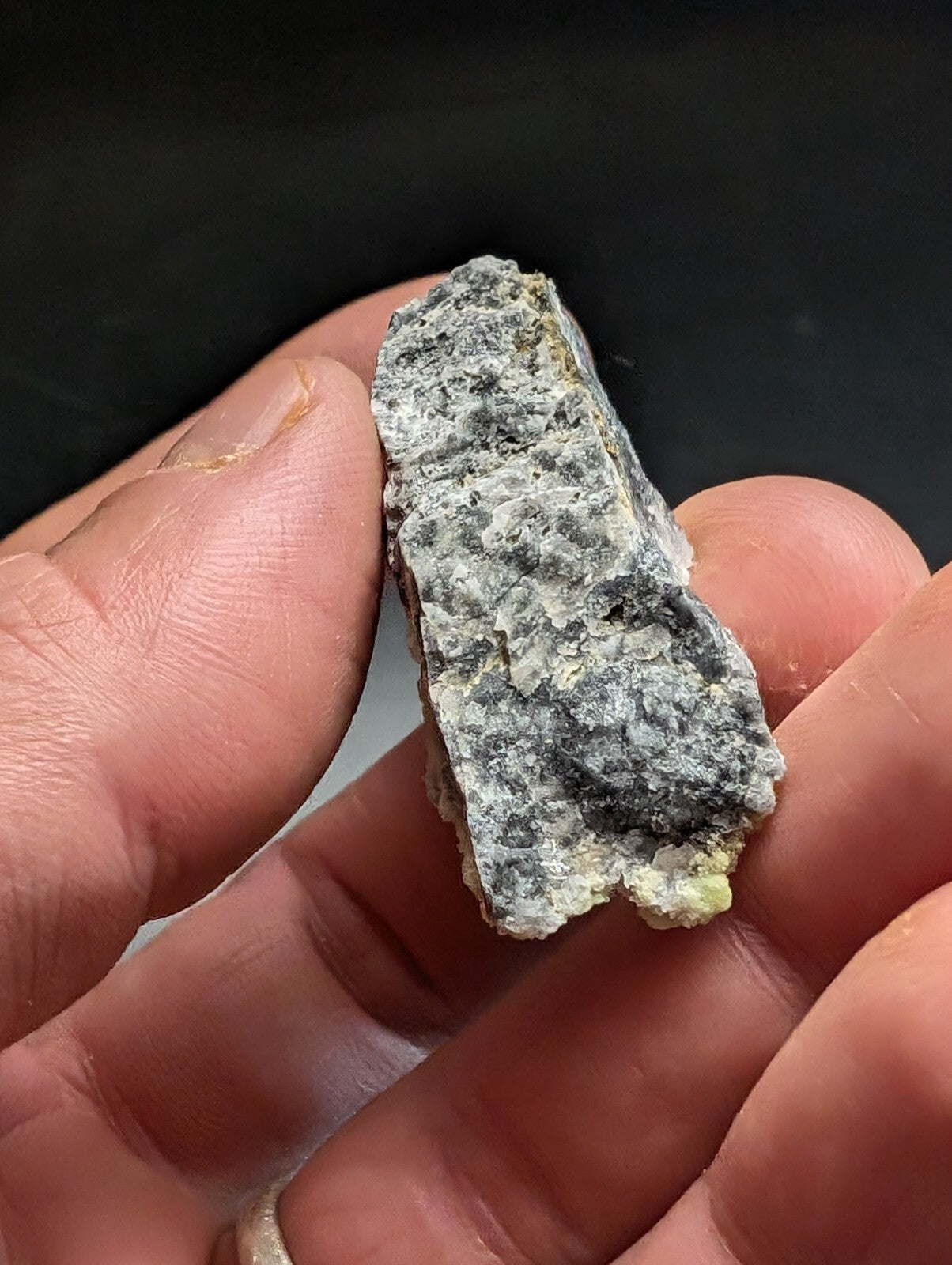 A rough, irregularly shaped gray rock with speckled black and white mineral patterns.
