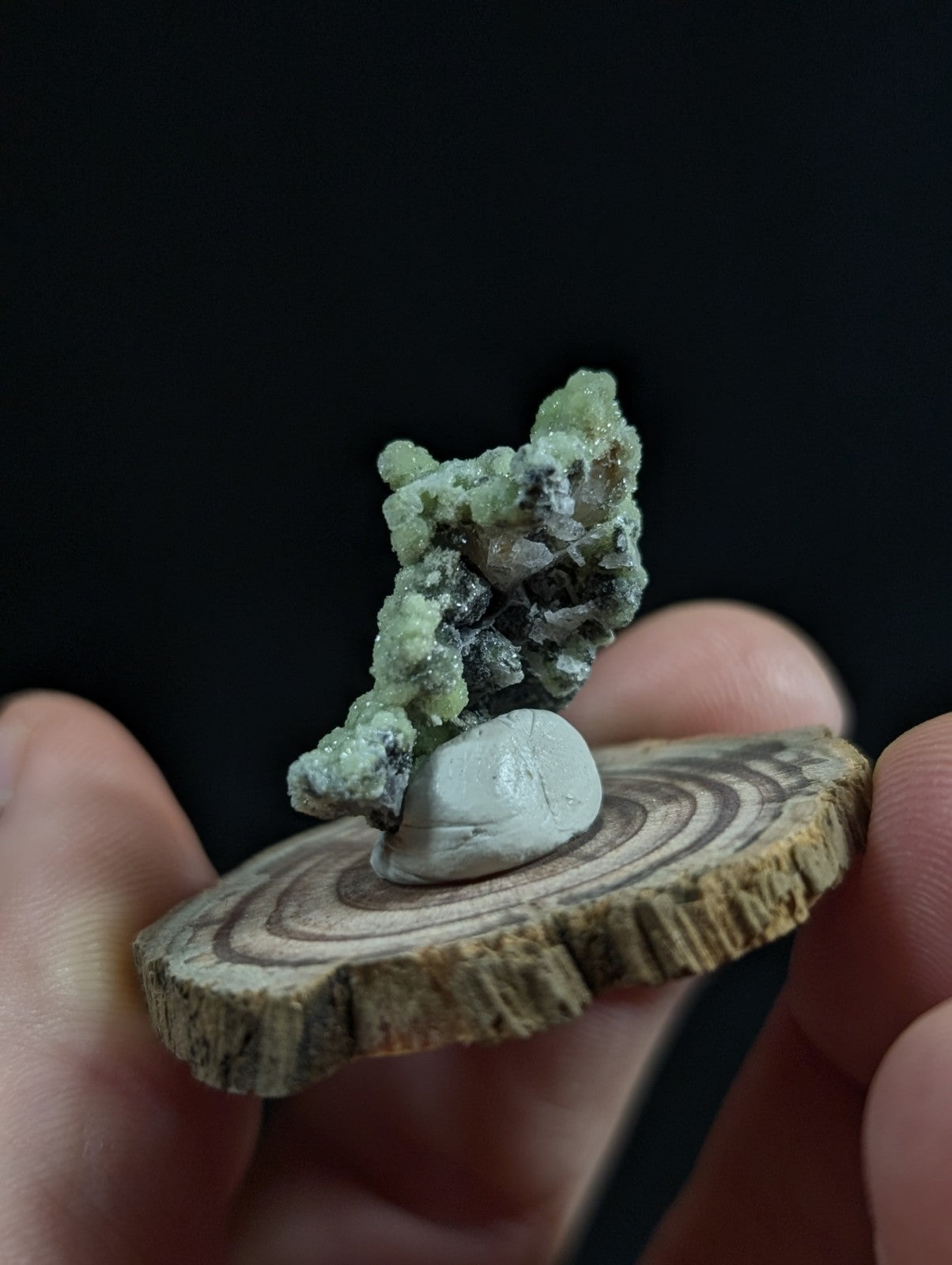 A delicate green and white mineral specimen with a crystalline, textured surface rests on a smooth, light-colored stone base atop a rustic wooden slice.
