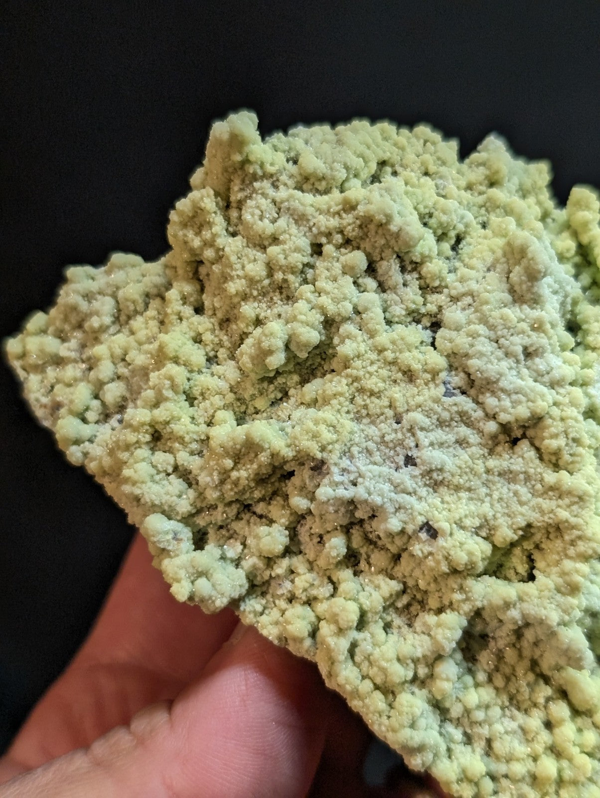 A pale green, textured mineral specimen with a rough, crystalline surface.