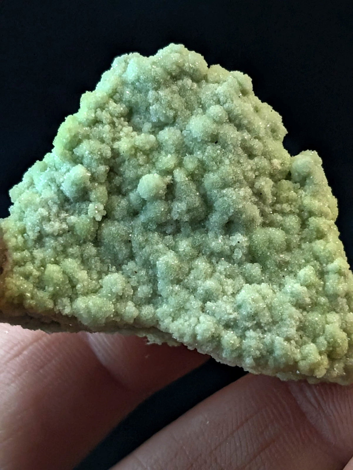 A textured, light green mineral specimen with a crystalline, granular surface.