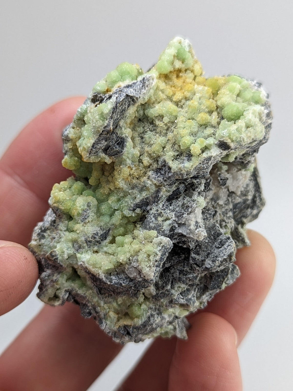 A hand holds a rough, irregularly shaped mineral specimen featuring clusters of pale green and yellowish crystals growing on a dark gray matrix.